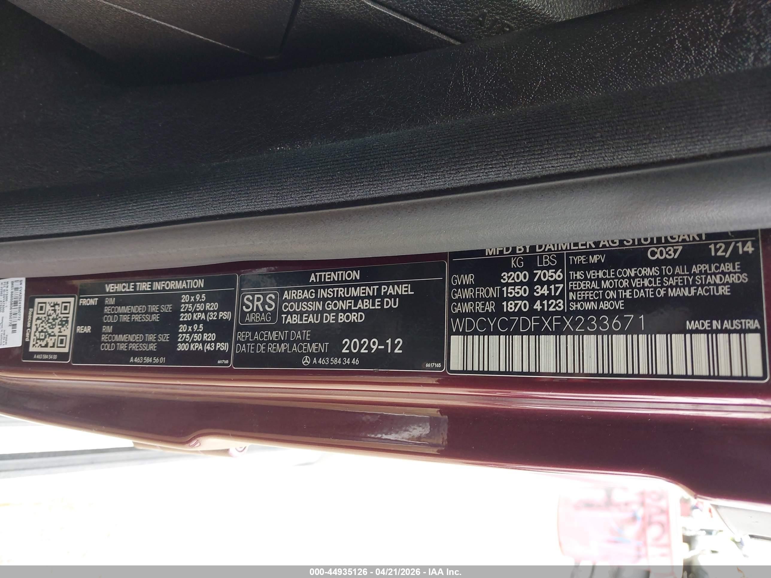 2015 Mercedes-benz G 63 Amg 4matic Burgundy vin: WDCYC7DFXFX233671