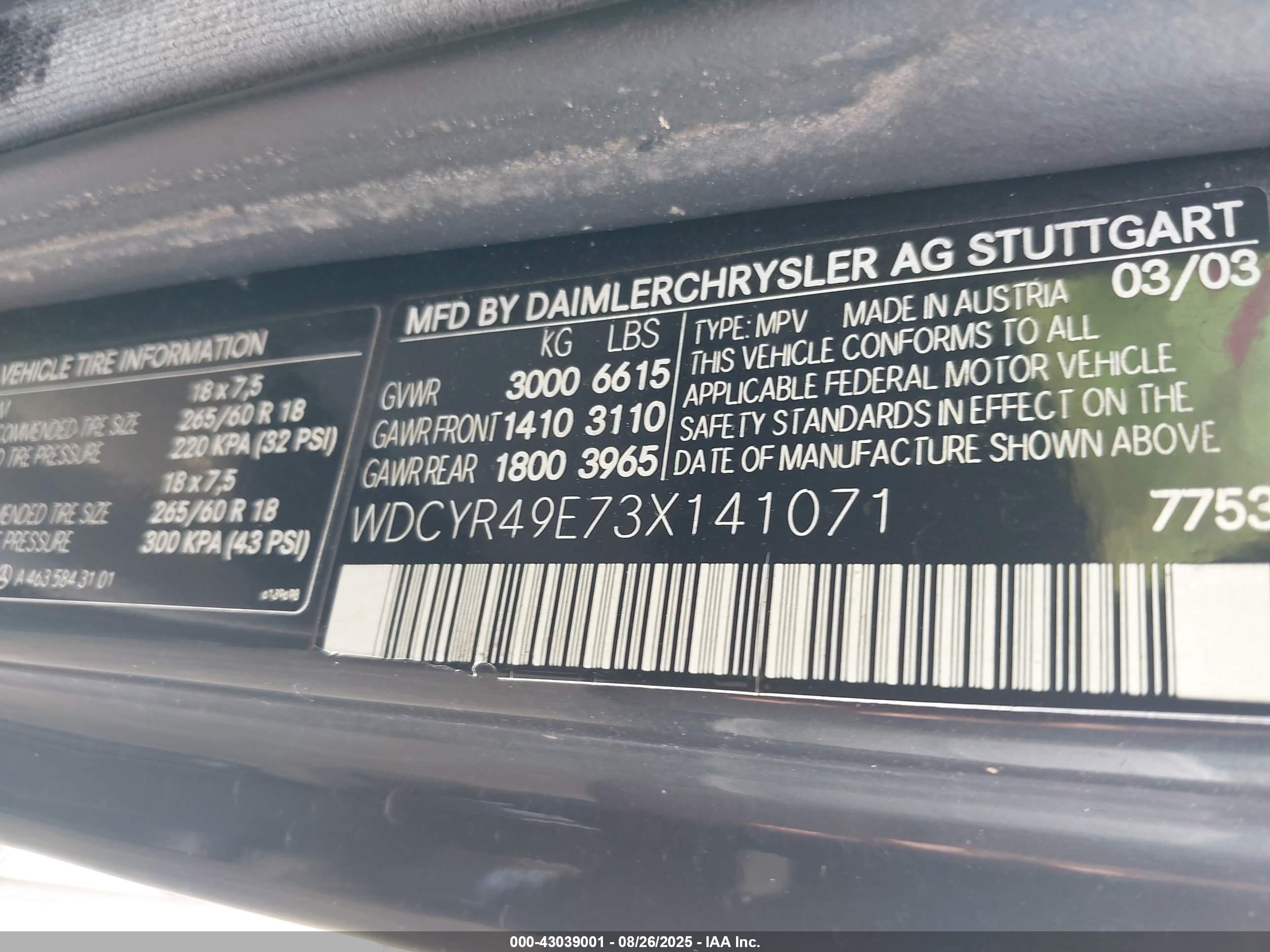 2003 Mercedes-benz G 500   Black vin: WDCYR49E73X141071