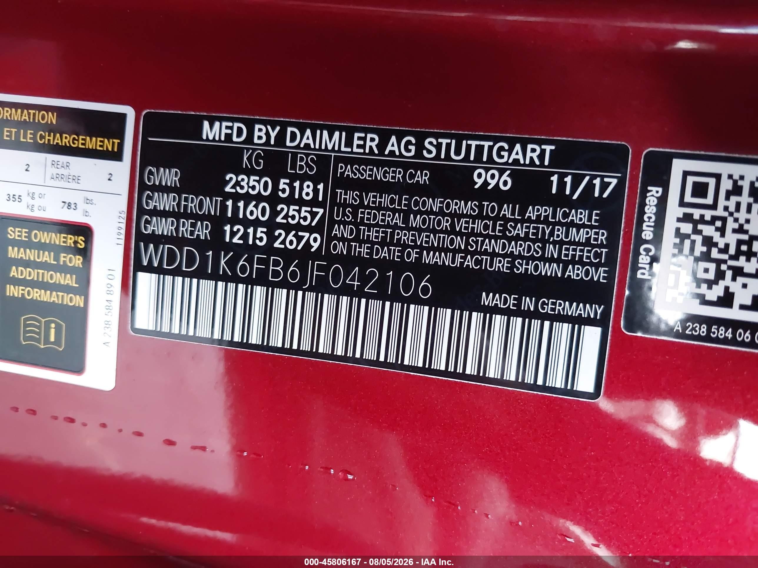 2018 Mercedes-benz E 400 Red vin: WDD1K6FB6JF042106