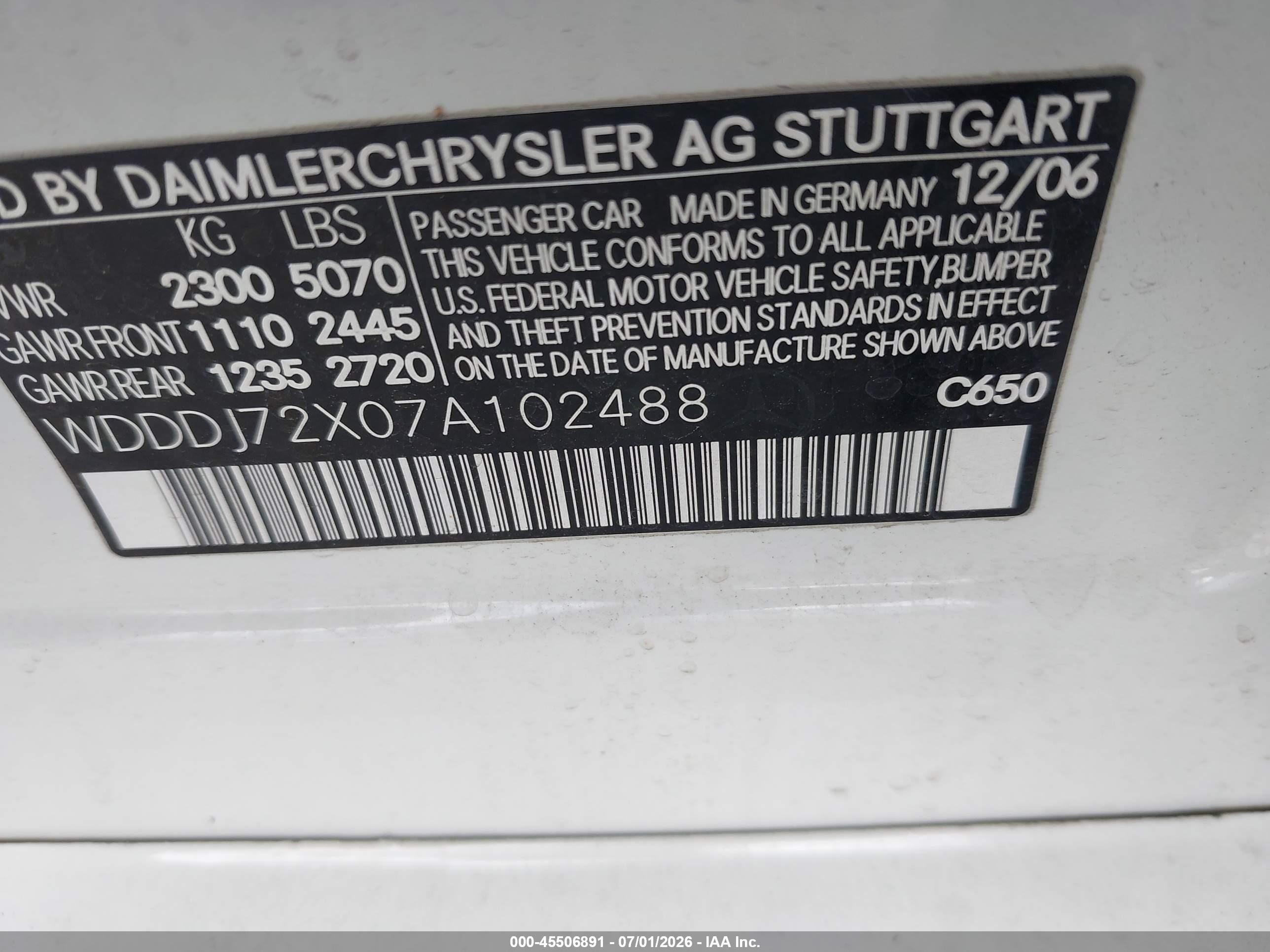2007 Mercedes-benz Cls 550   White vin: WDDDJ72X07A102488
