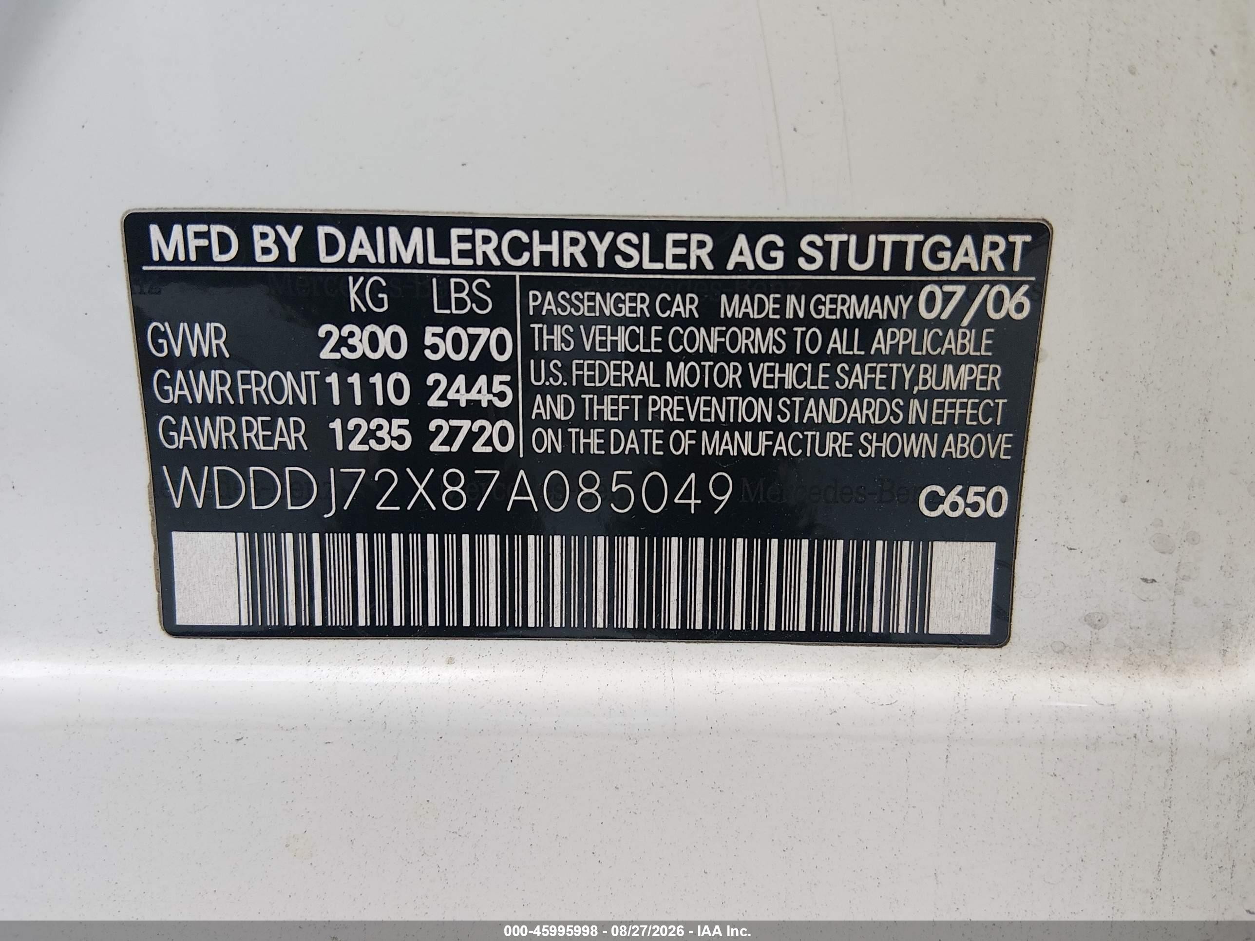 2007 Mercedes-benz Cls 550   Белый vin: WDDDJ72X87A085049
