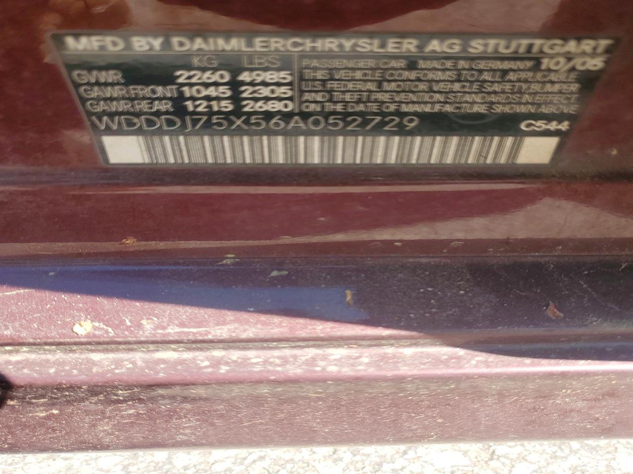 2006 Mercedes-benz Cls 500c Burgundy vin: WDDDJ75X56A052729
