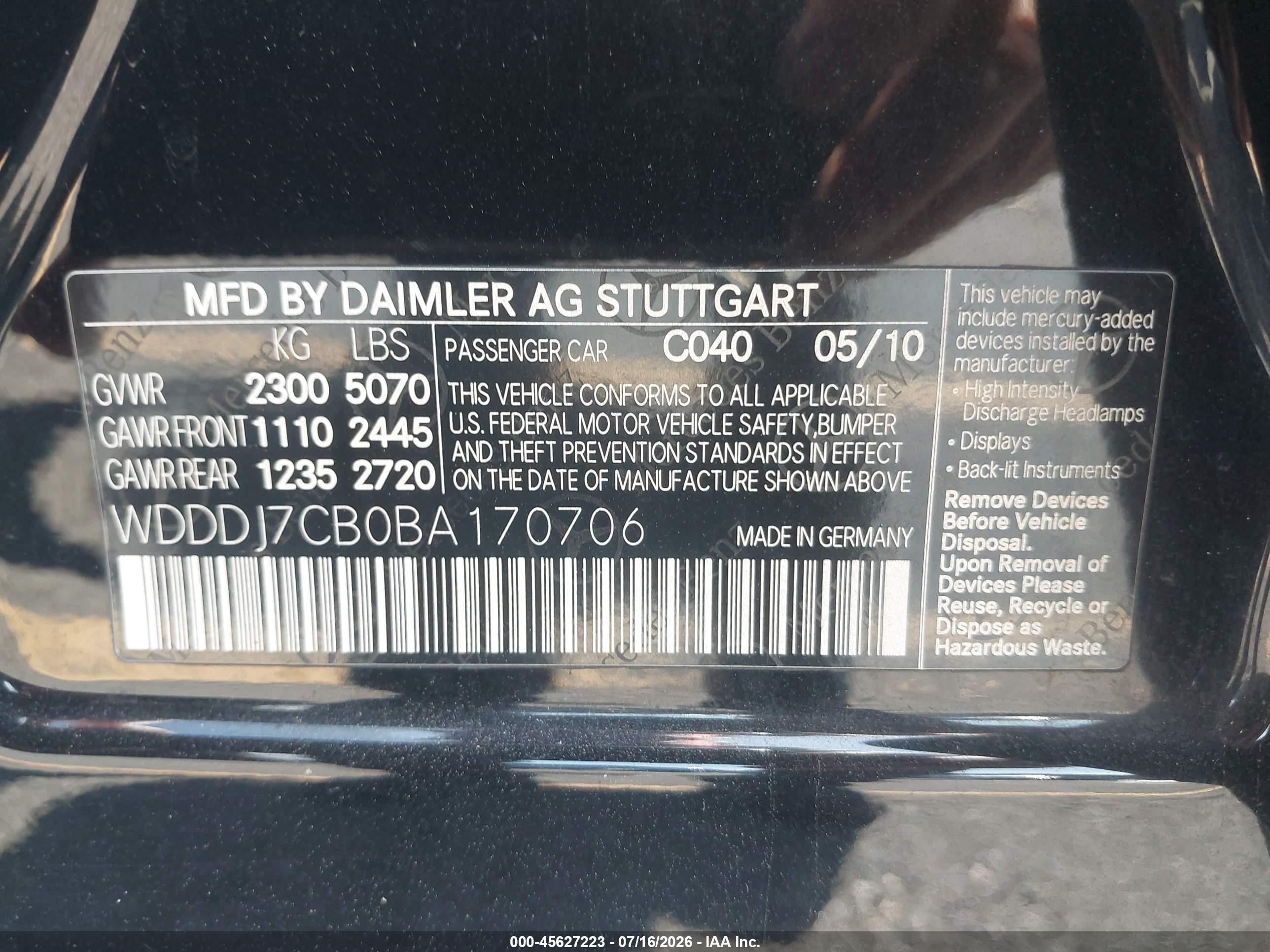 2011 Mercedes-benz Cls 550   Черный vin: WDDDJ7CB0BA170706