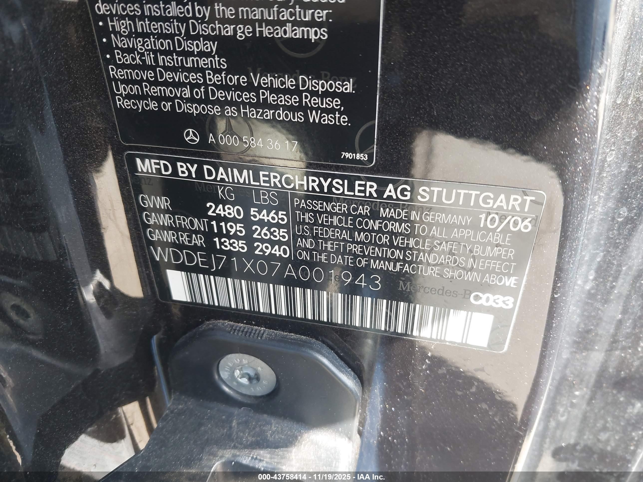 2007 Mercedes-benz Cl 550   Черный vin: WDDEJ71X07A001943