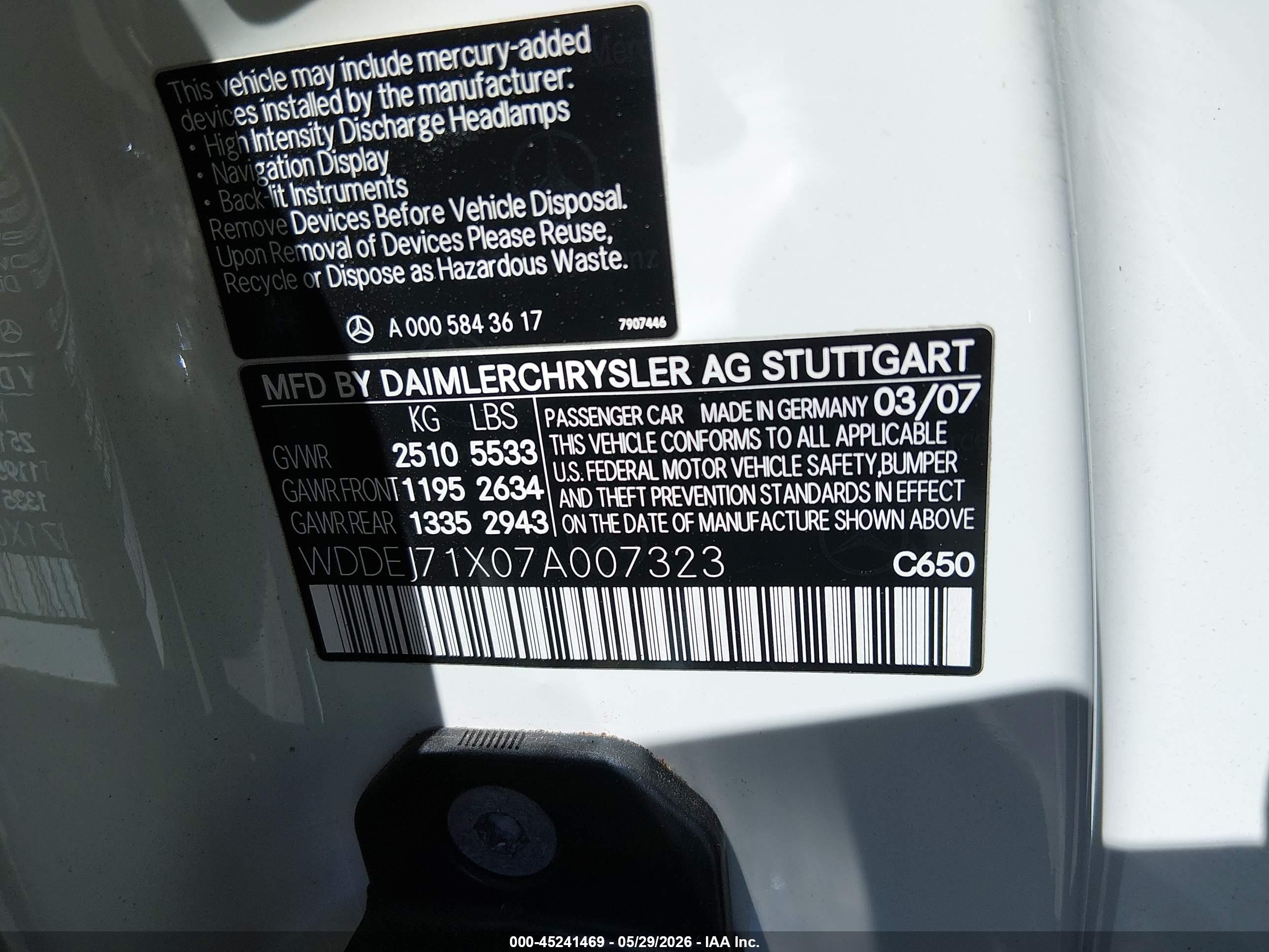 2007 Mercedes-benz Cl 550   Белый vin: WDDEJ71X07A007323