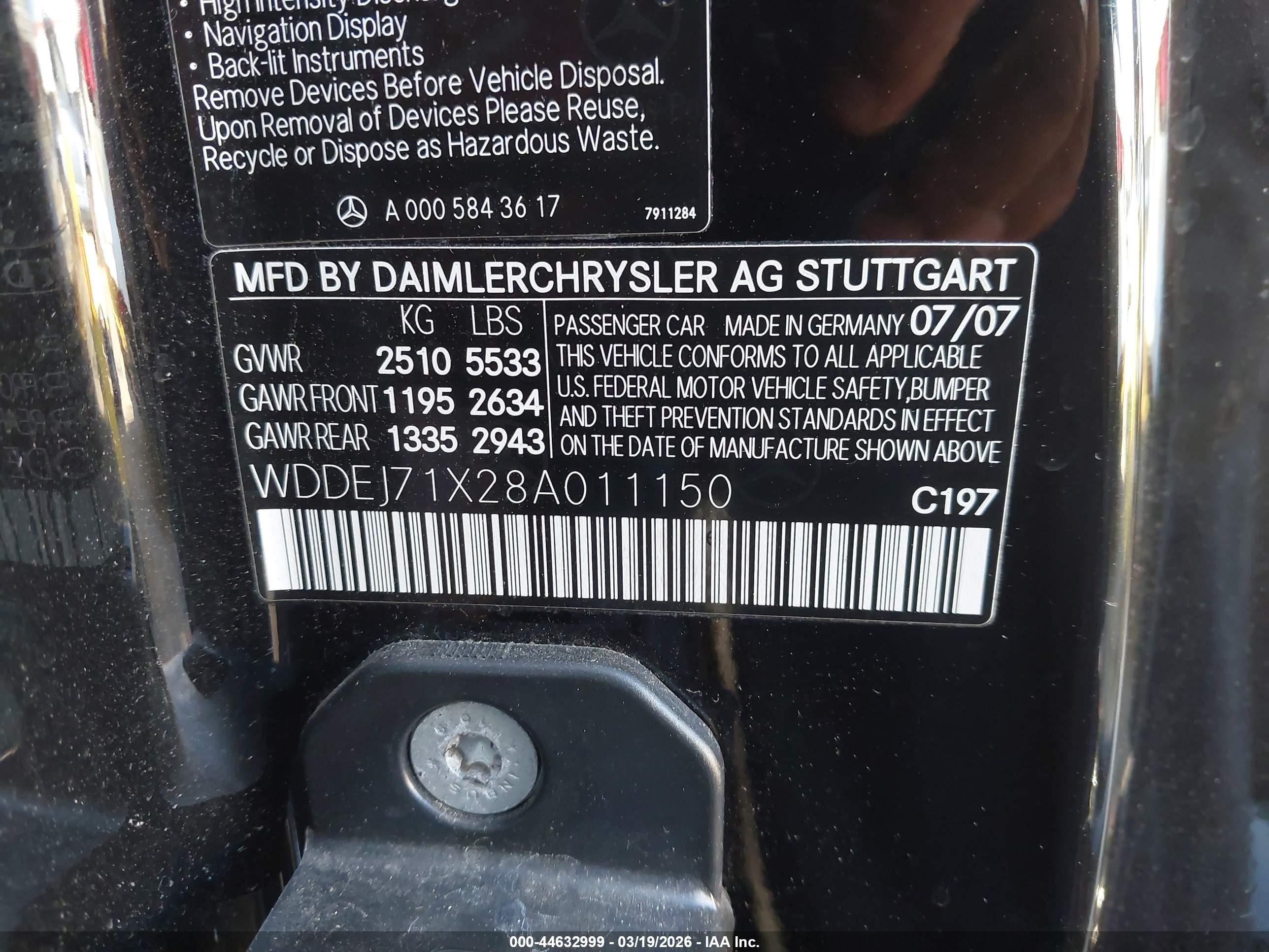 2008 Mercedes-benz Cl 550   Black vin: WDDEJ71X28A011150
