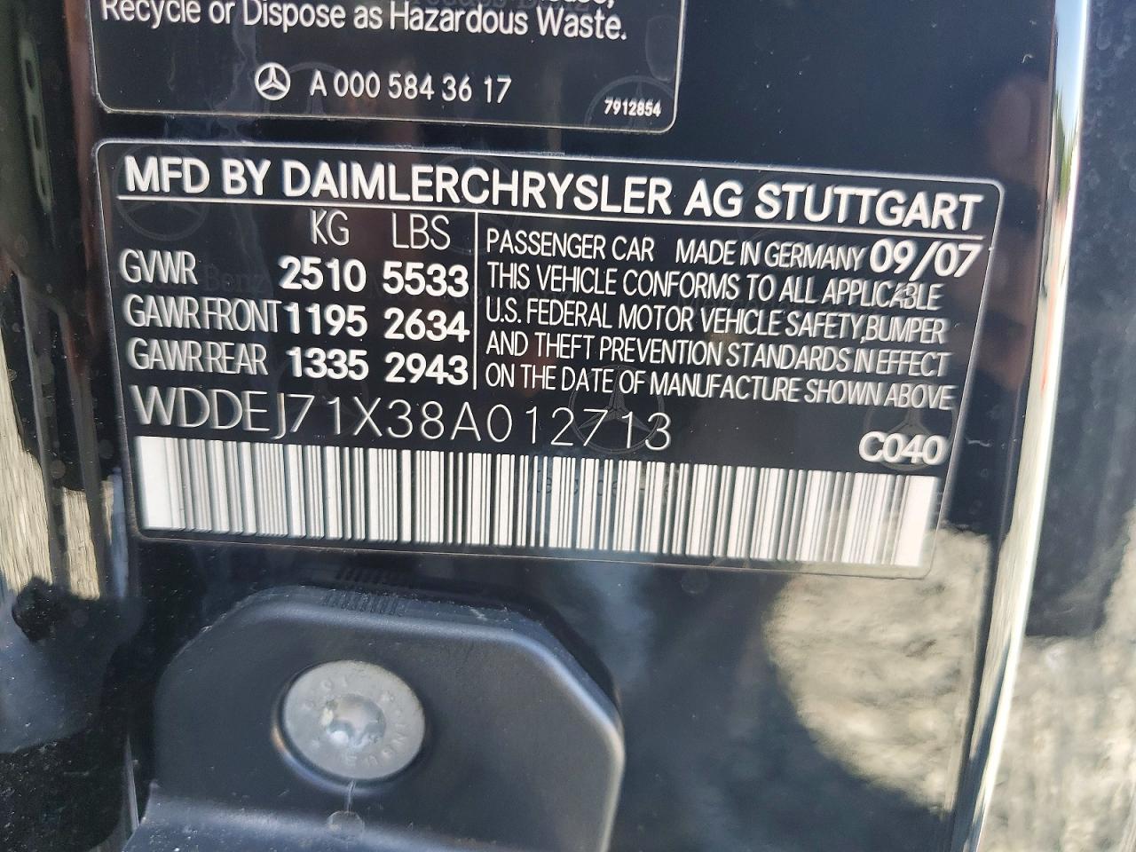 2008 Mercedes-benz Cl 550 Black vin: WDDEJ71X38A012713