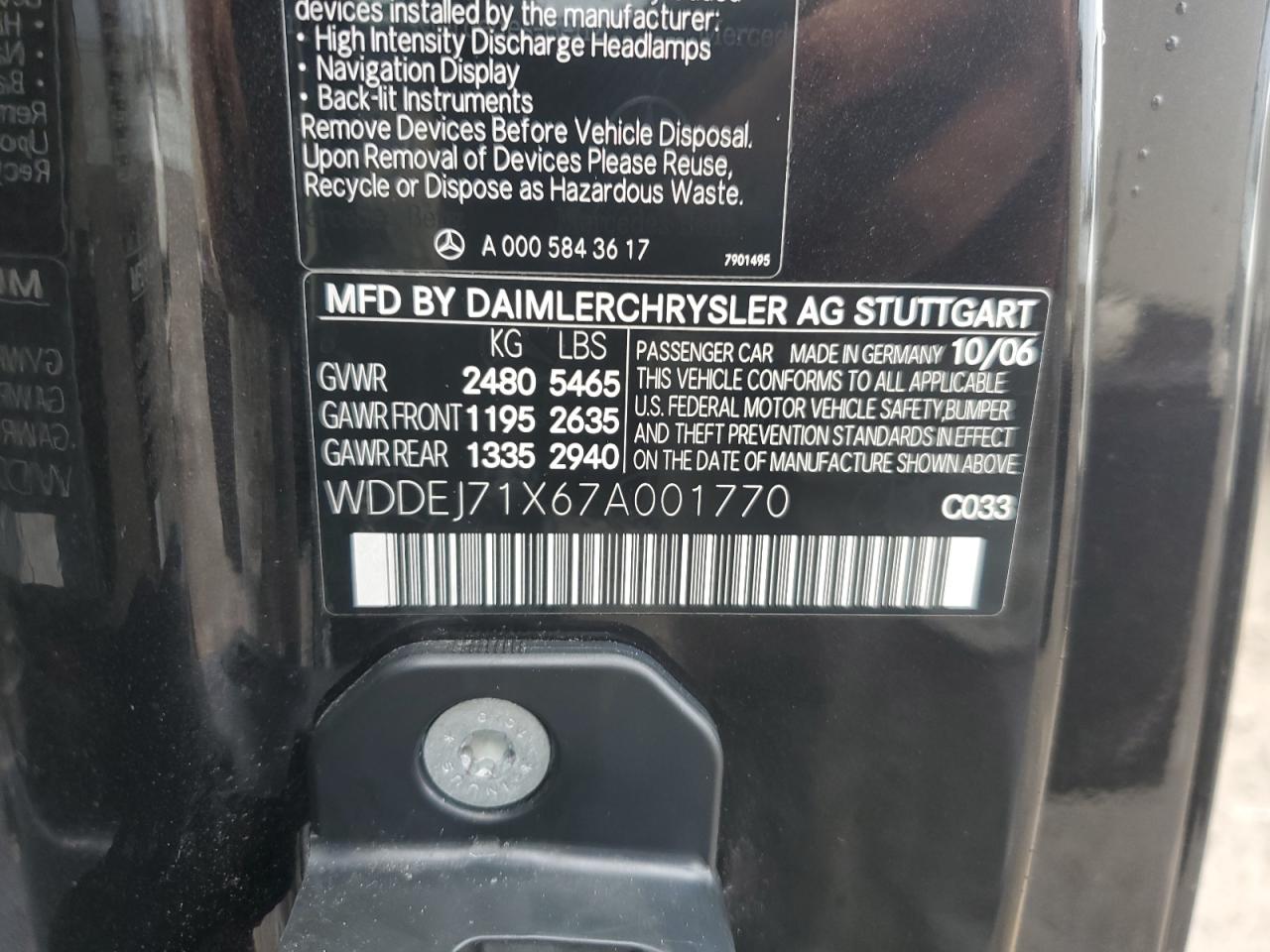 2007 Mercedes-benz Cl 550 Black vin: WDDEJ71X67A001770