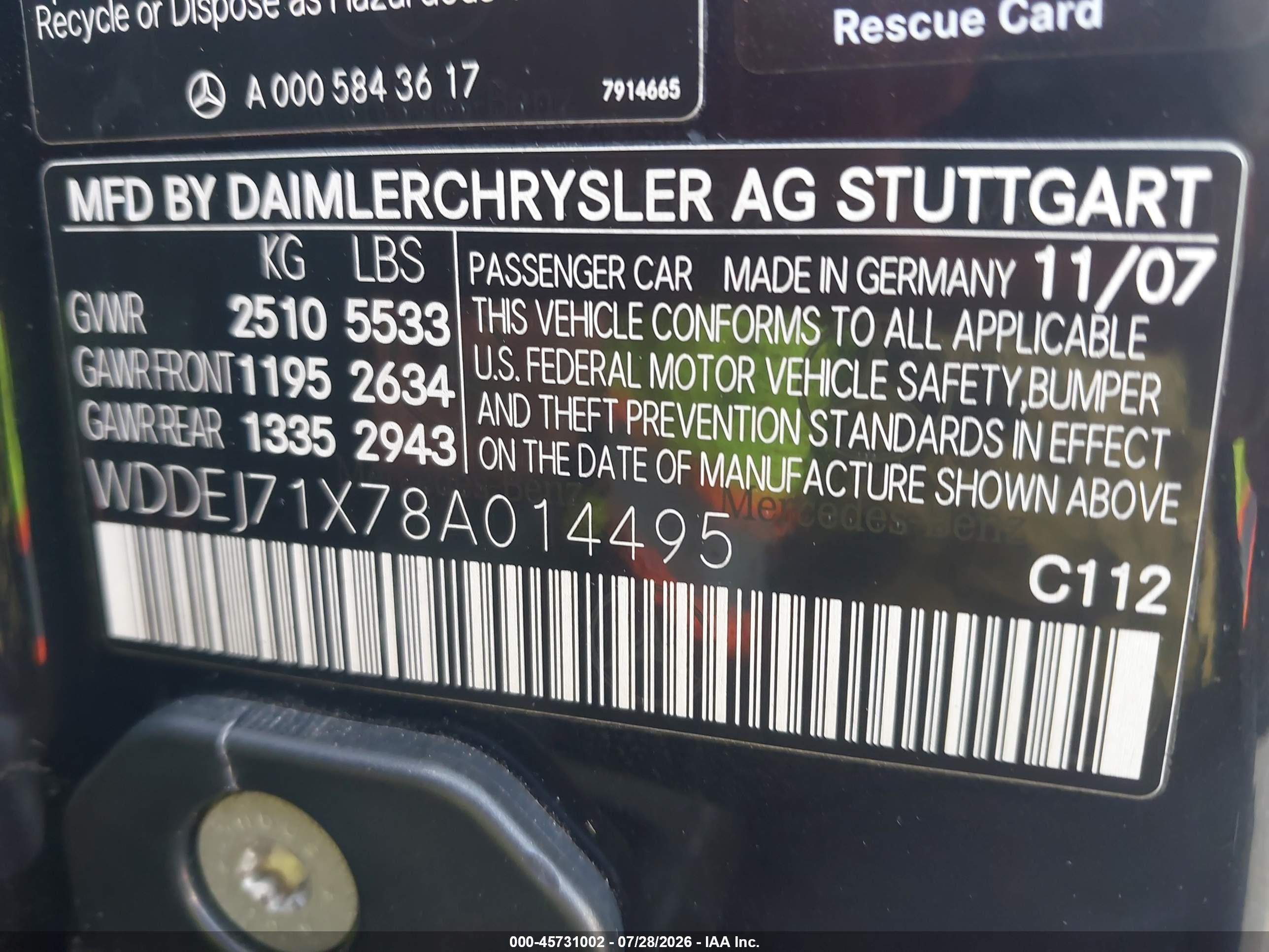 2008 Mercedes-benz Cl 550   Black vin: WDDEJ71X78A014495