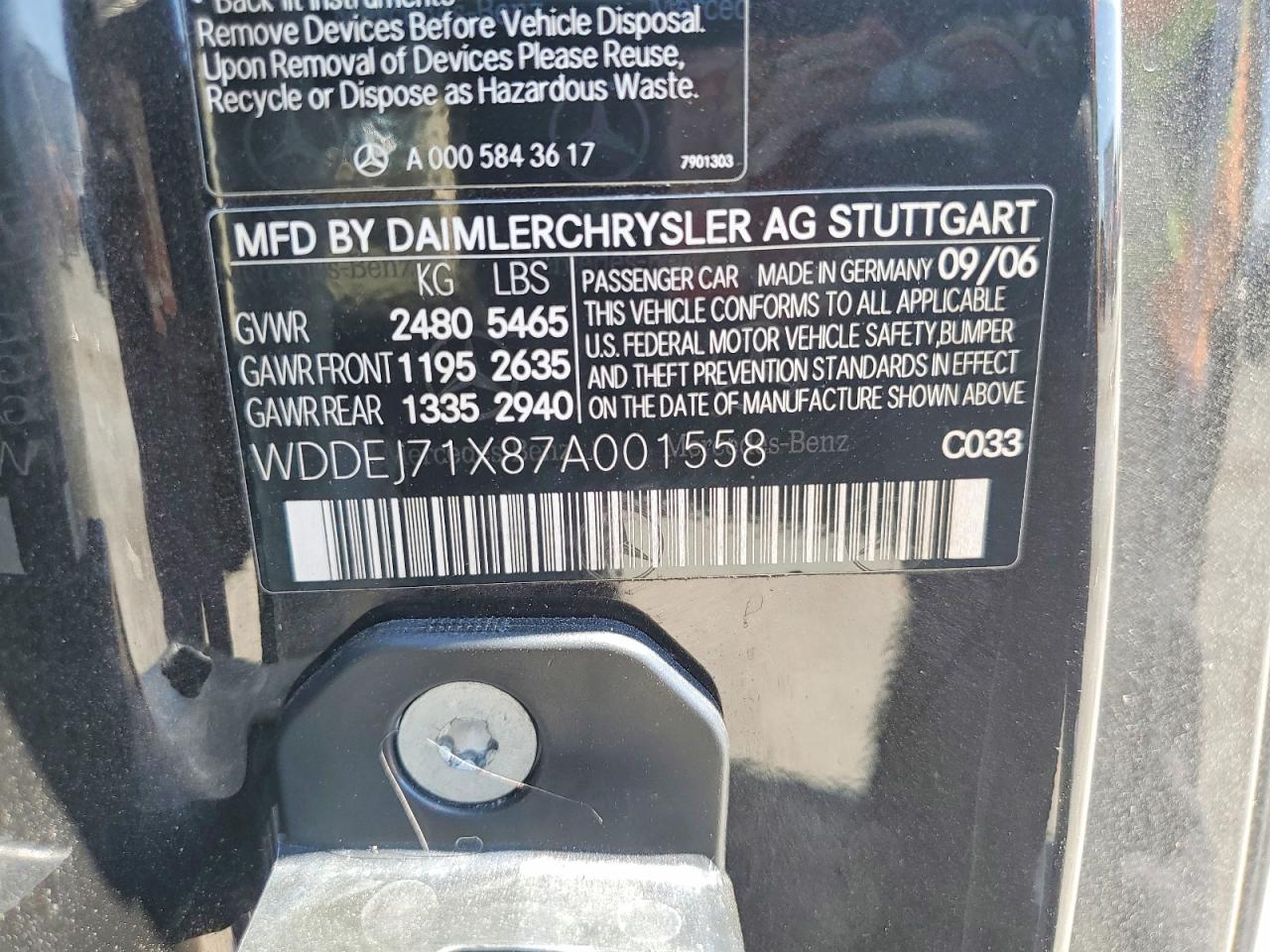 2007 Mercedes-benz Cl 550 Black vin: WDDEJ71X87A001558