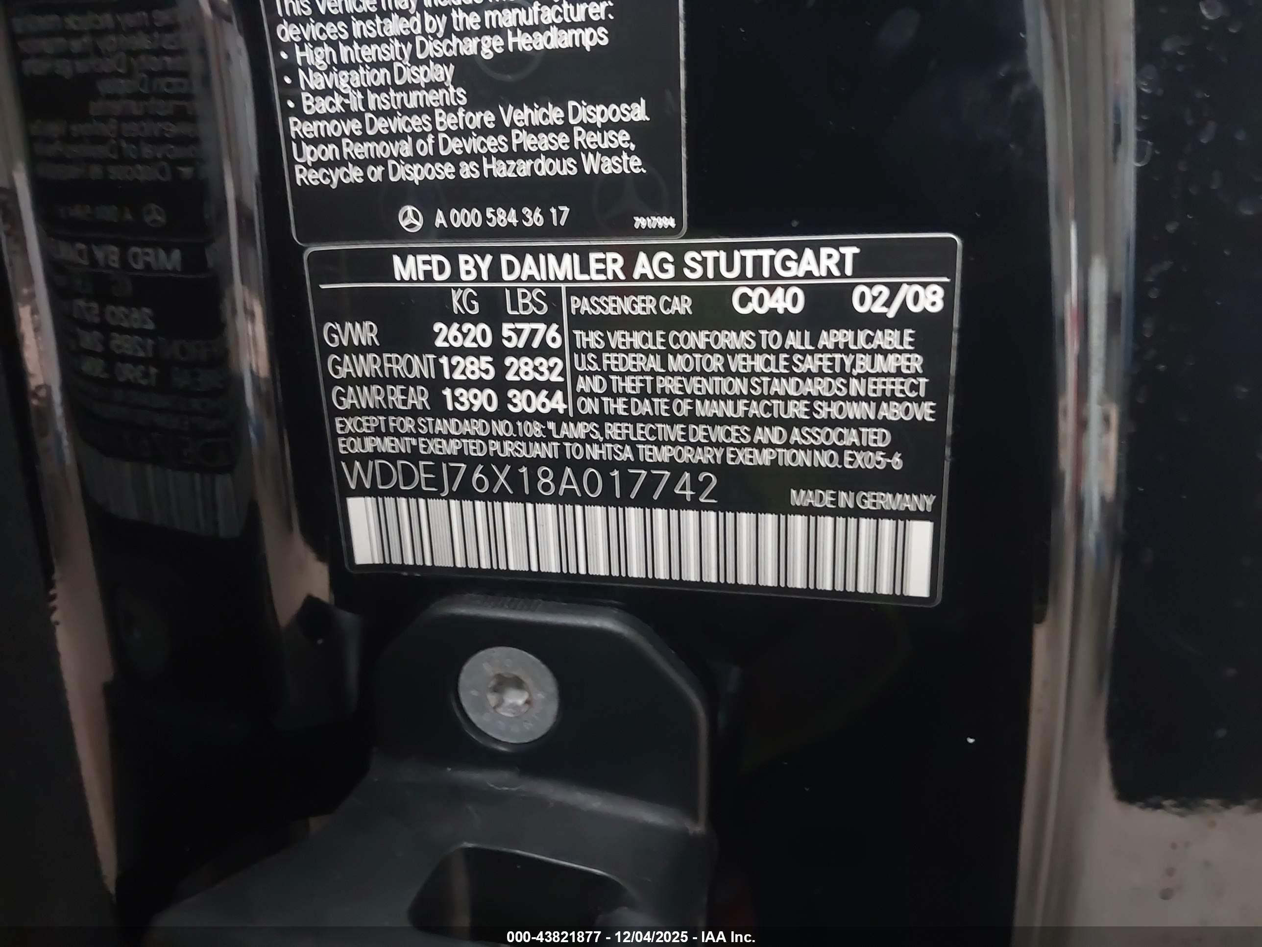 2008 Mercedes-benz Cl 600   Черный vin: WDDEJ76X18A017742