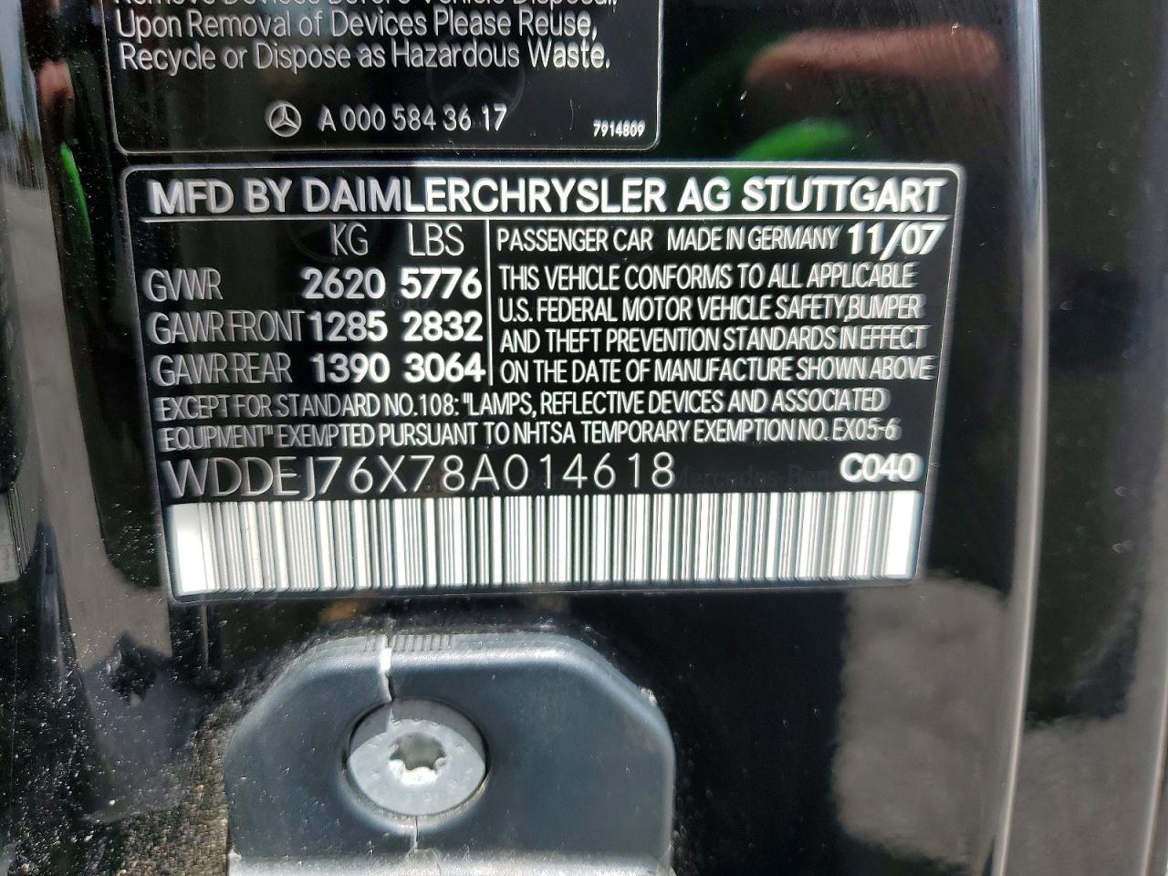 2008 Mercedes-benz Cl 600 Black vin: WDDEJ76X78A014618