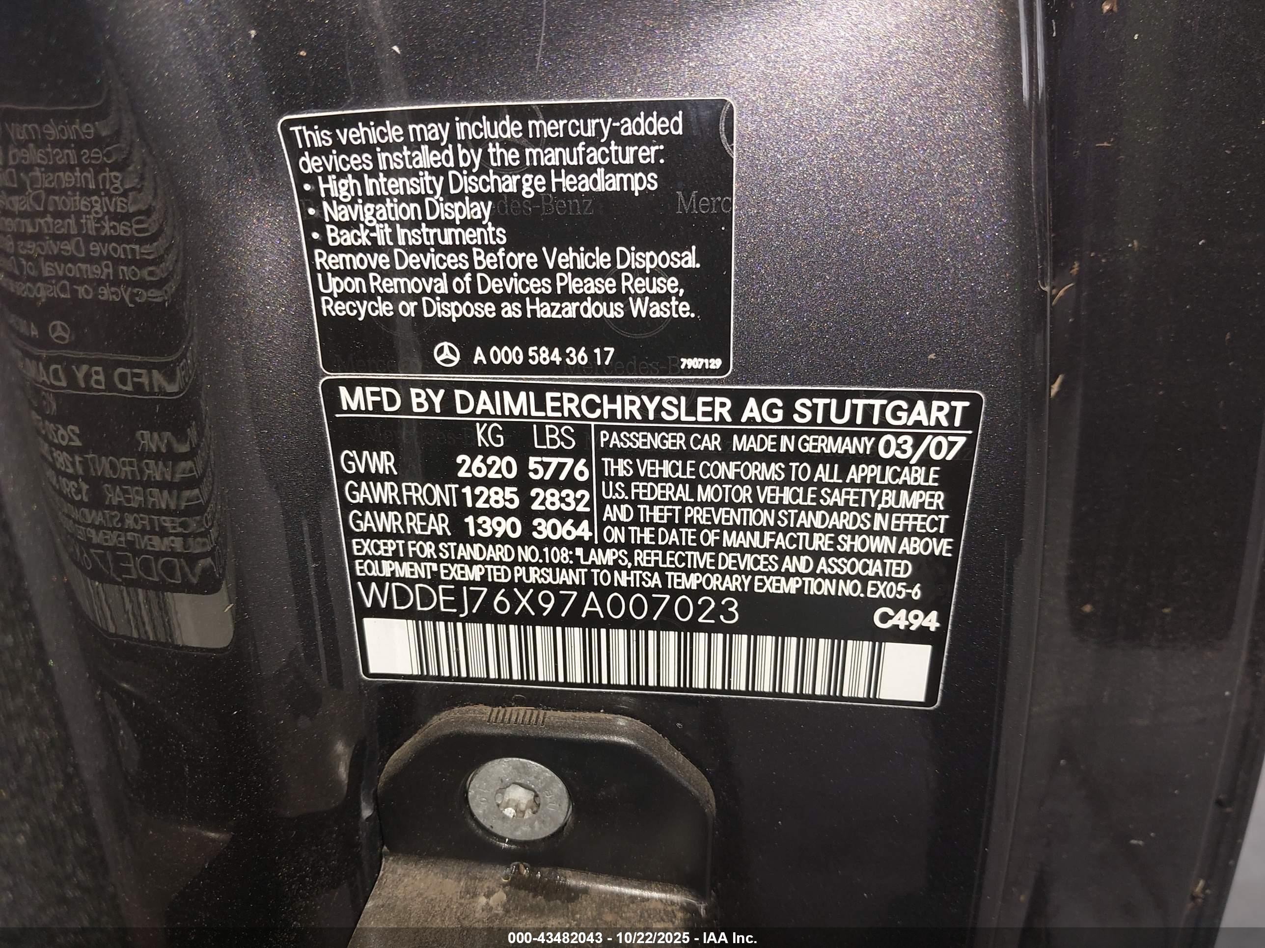 2007 Mercedes-benz Cl 600   Gray vin: WDDEJ76X97A007023