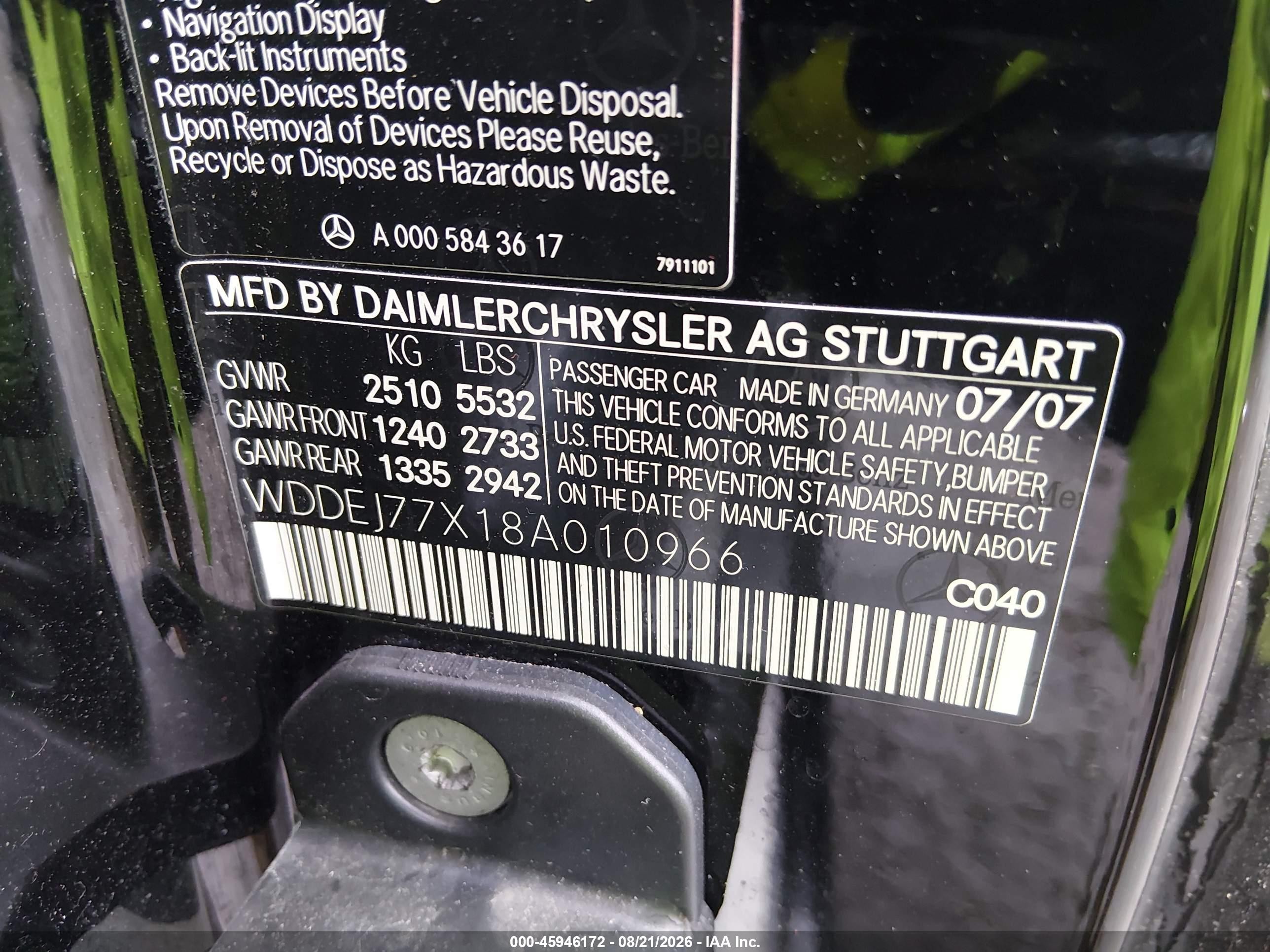 2008 Mercedes-benz Cl 63 Amg Black vin: WDDEJ77X18A010966