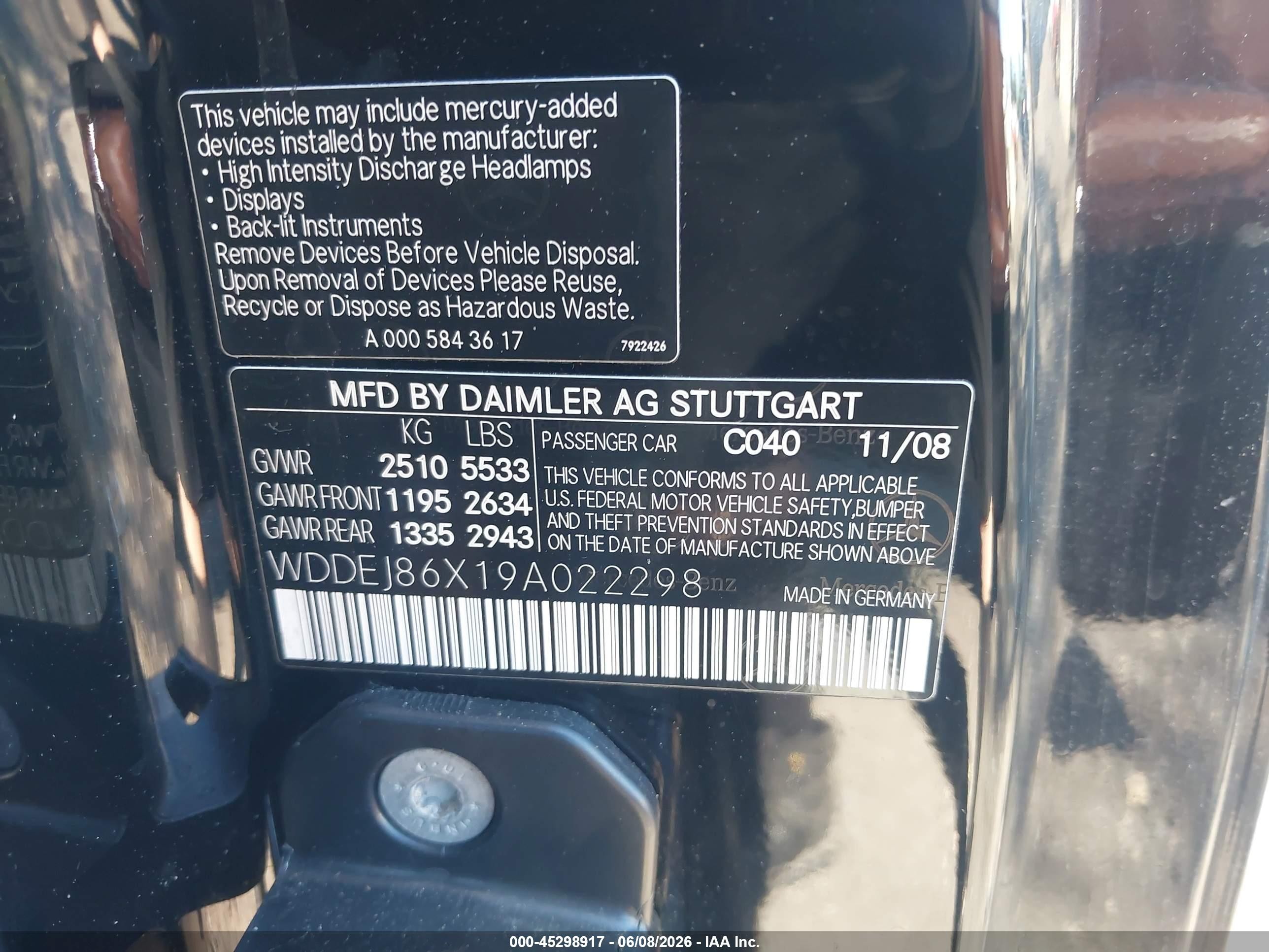 2009 Mercedes-benz Cl 550 4matic Черный vin: WDDEJ86X19A022298
