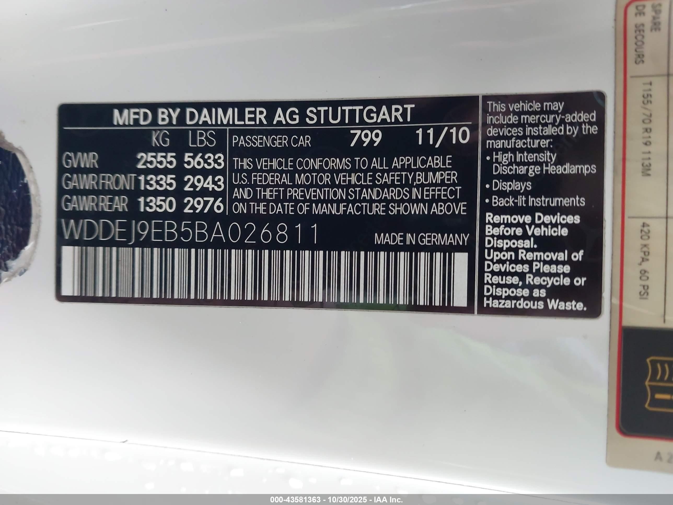 2011 Mercedes-benz Cl 550 4matic White vin: WDDEJ9EB5BA026811