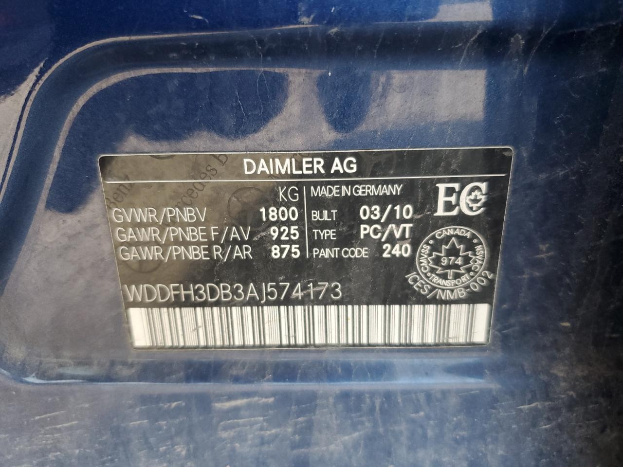 2010 Mercedes-benz B200 Blue vin: WDDFH3DB3AJ574173