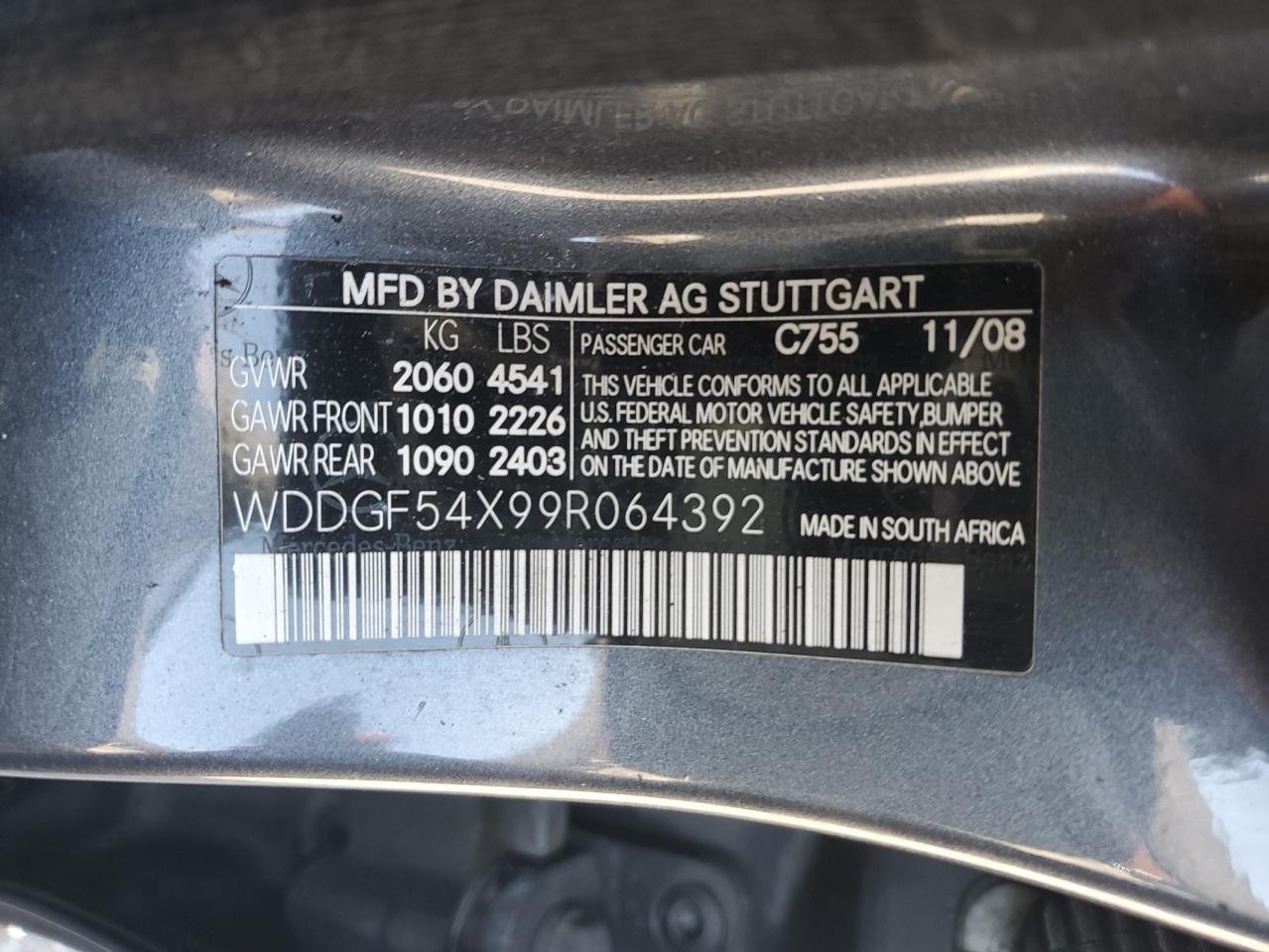 2009 Mercedes-benz C 300 Charcoal vin: WDDGF54X99R064392
