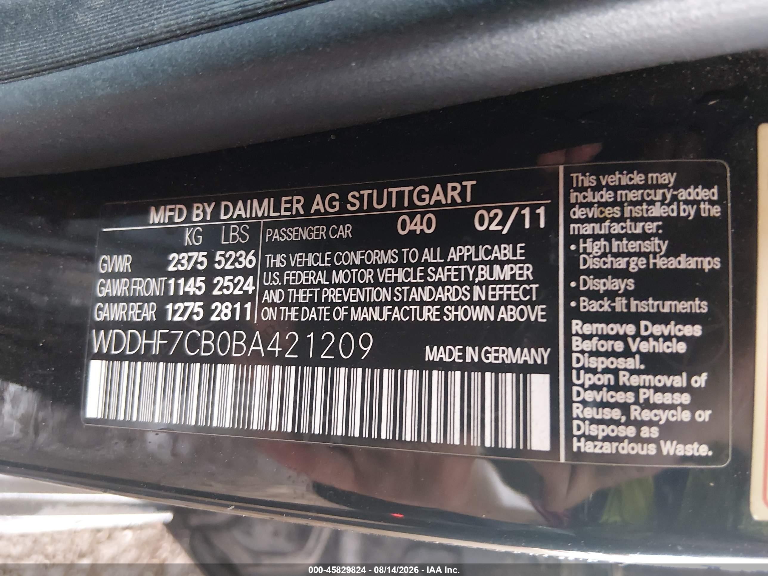 2011 Mercedes-benz E 550   Black vin: WDDHF7CB0BA421209