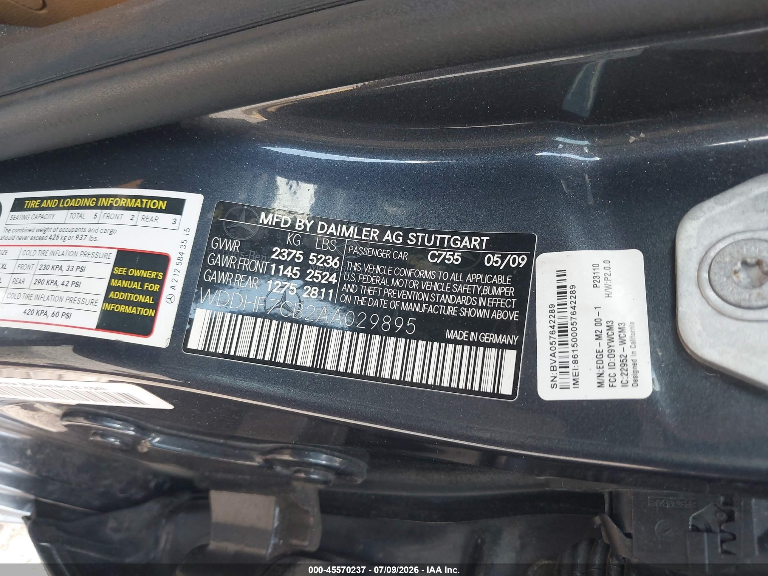 2010 Mercedes-benz E 550   Серый vin: WDDHF7CB2AA029895