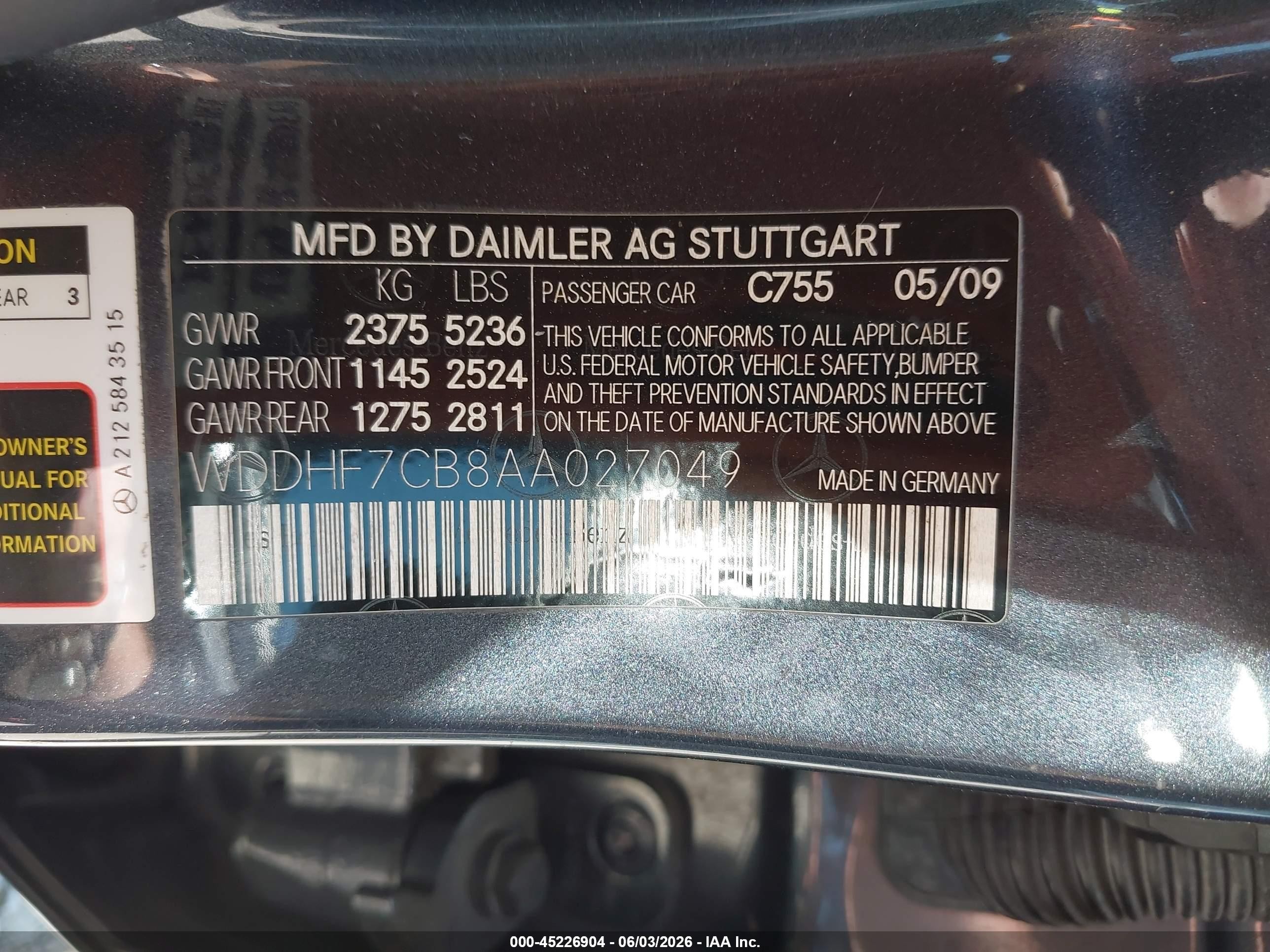 2010 Mercedes-benz E 550   Navy vin: WDDHF7CB8AA027049