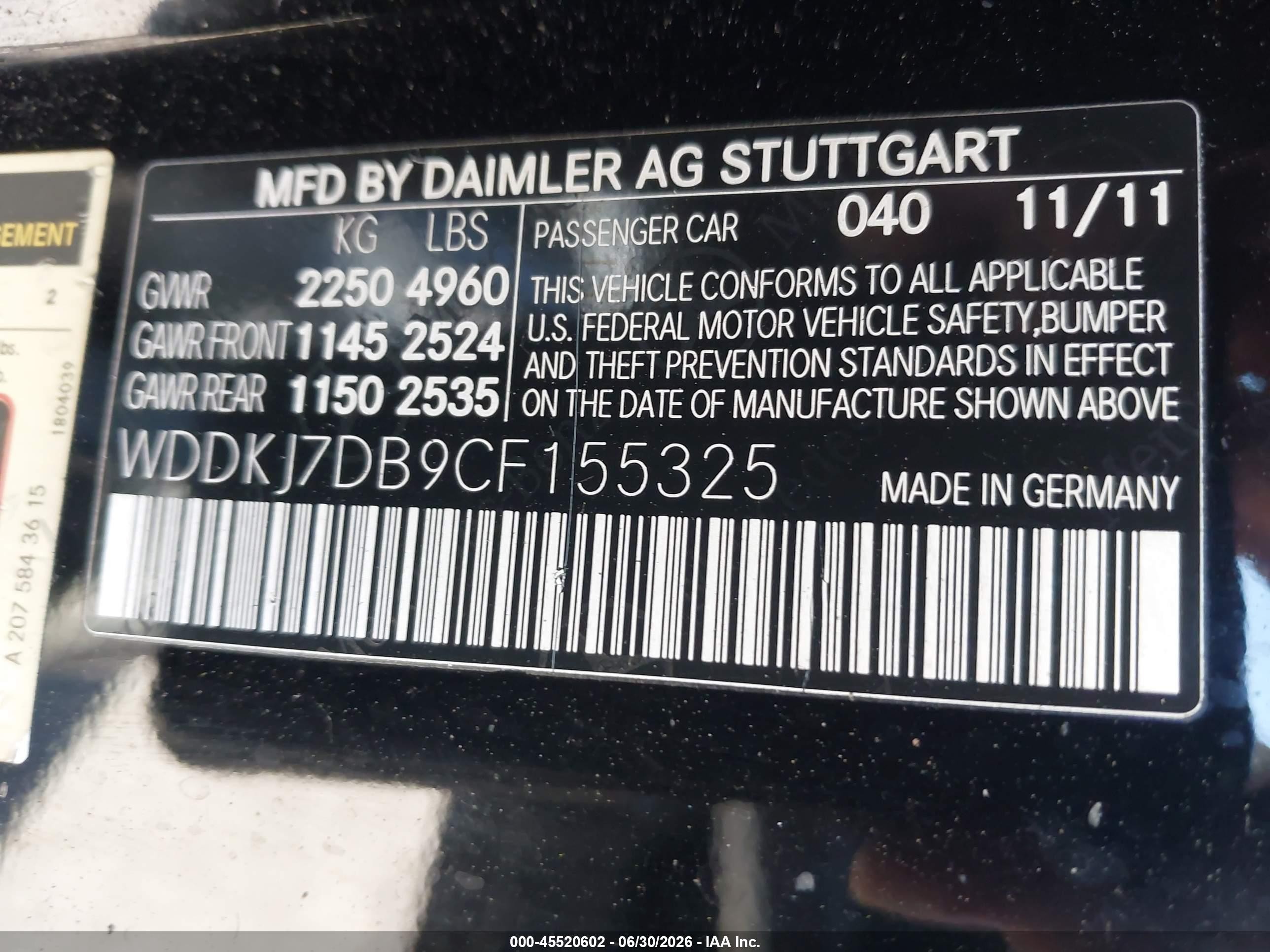2012 Mercedes-benz E 550 Black vin: WDDKJ7DB9CF155325