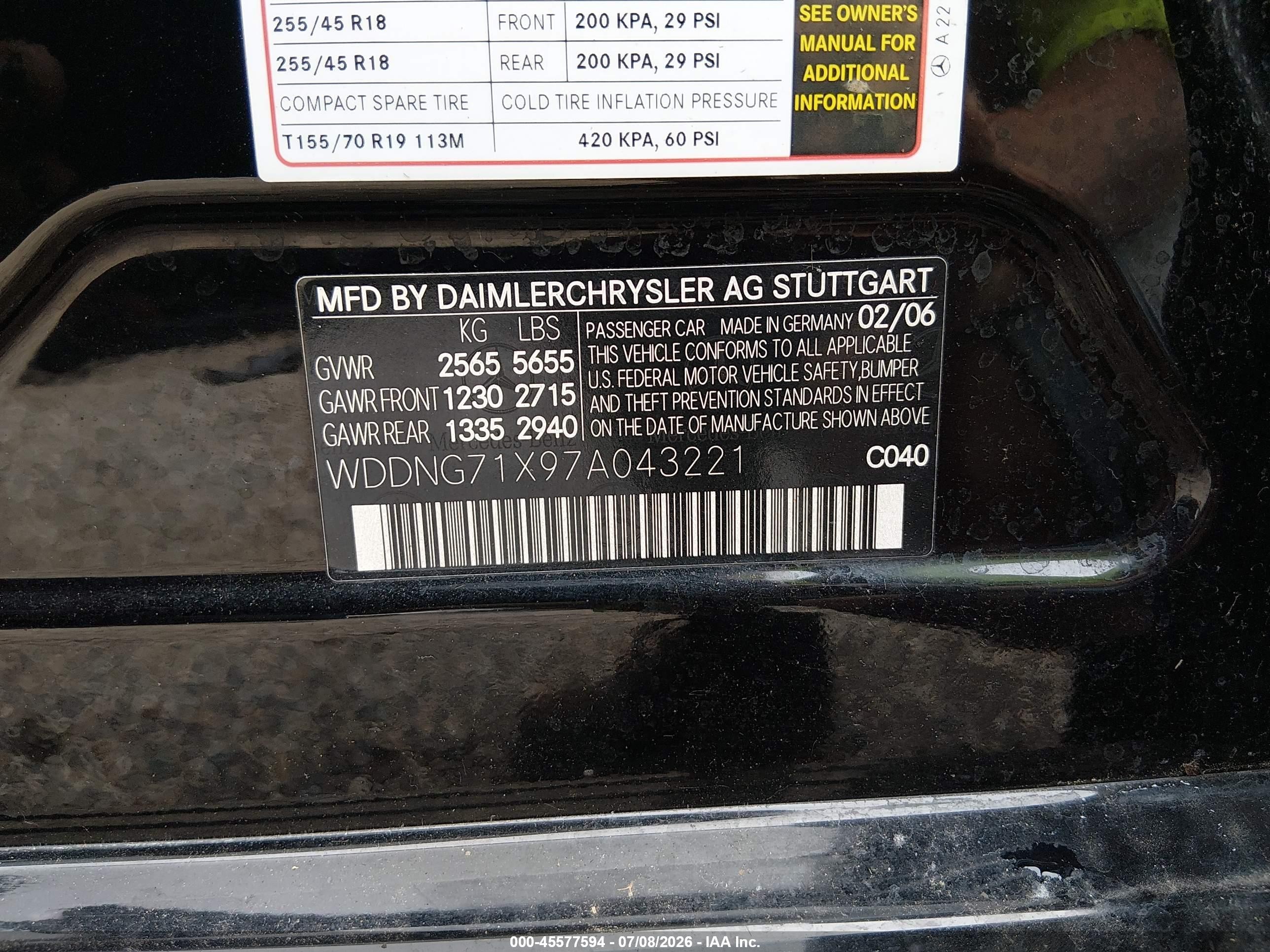 2007 Mercedes-benz S 550   Black vin: WDDNG71X97A043221