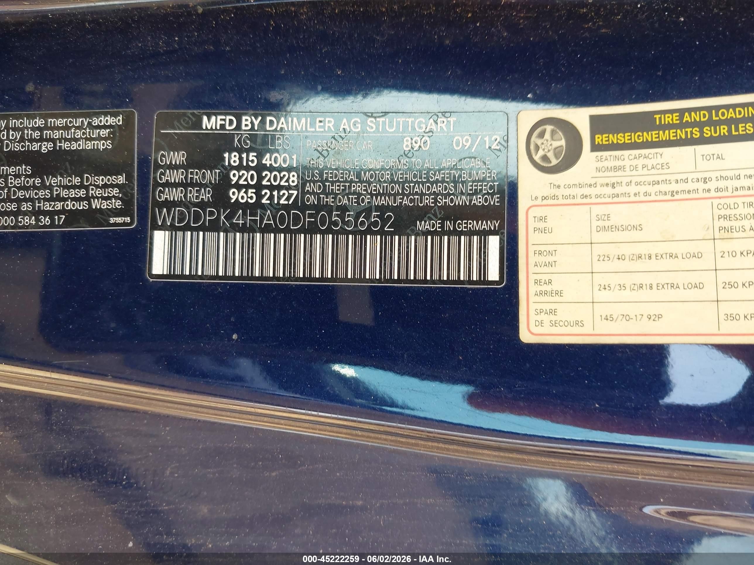 2013 Mercedes-benz Slk 250   Blue vin: WDDPK4HA0DF055652