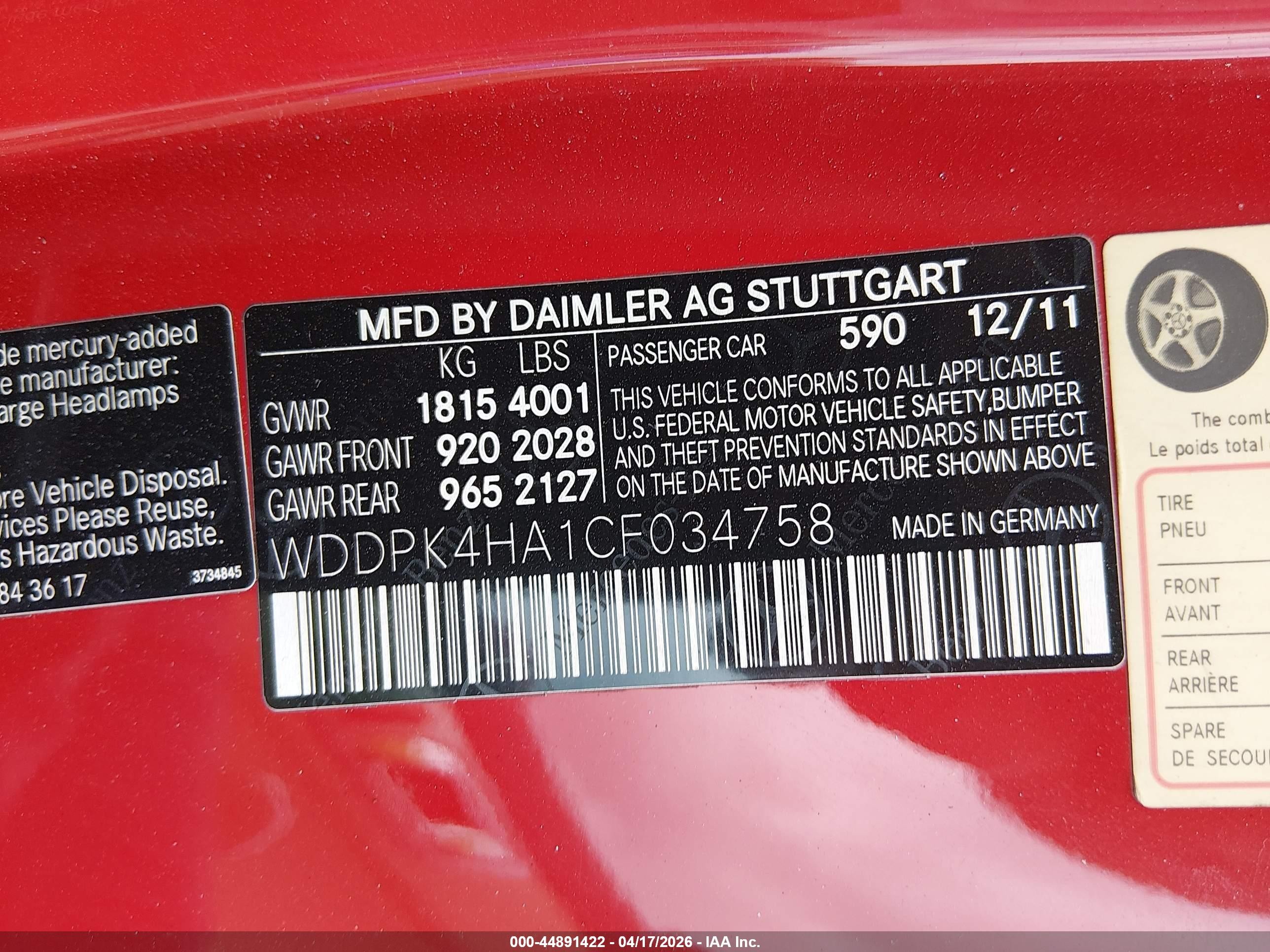 2012 Mercedes-benz Slk 250   Red vin: WDDPK4HA1CF034758
