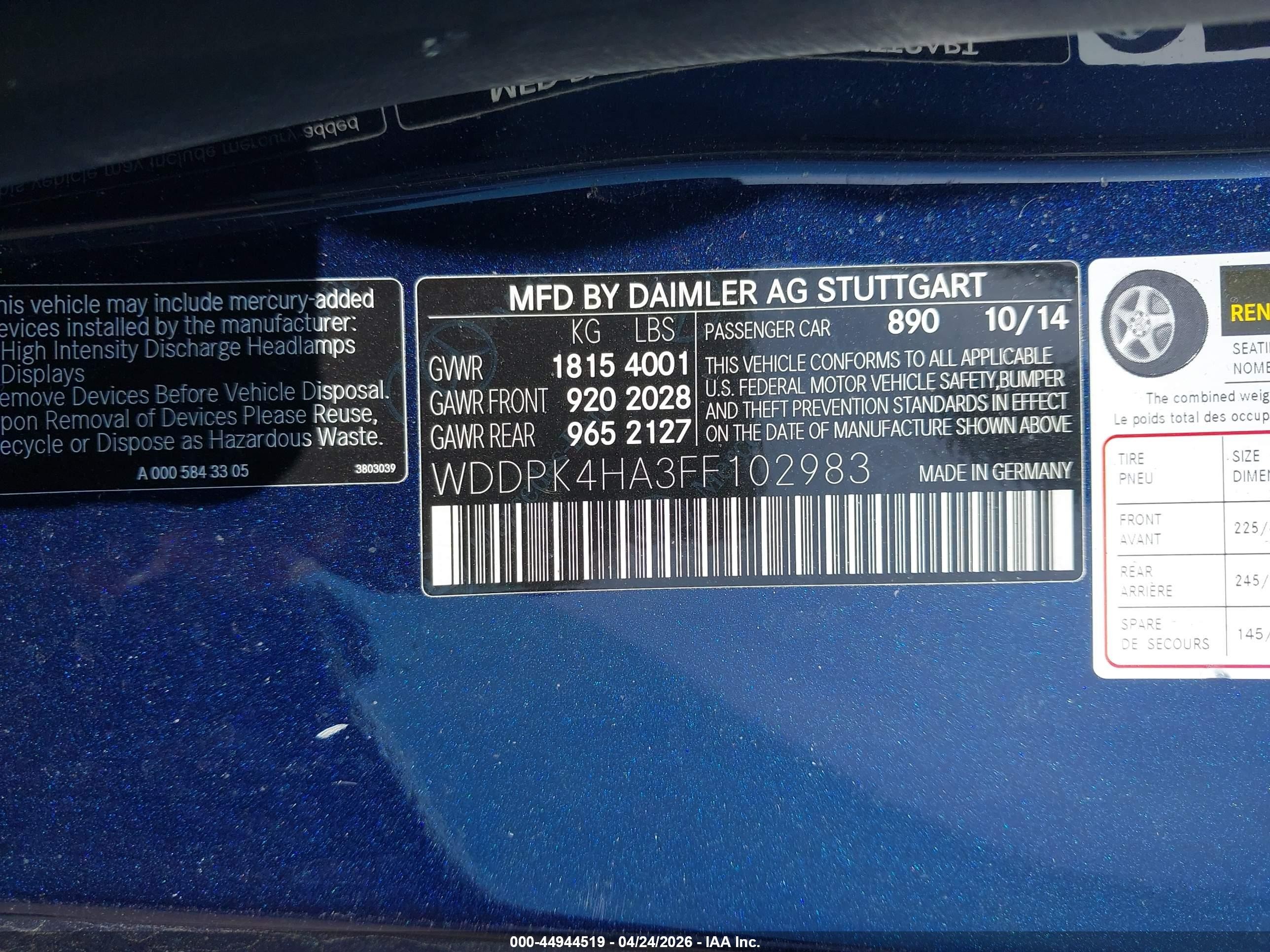 2015 Mercedes-benz Slk 250   Blue vin: WDDPK4HA3FF102983