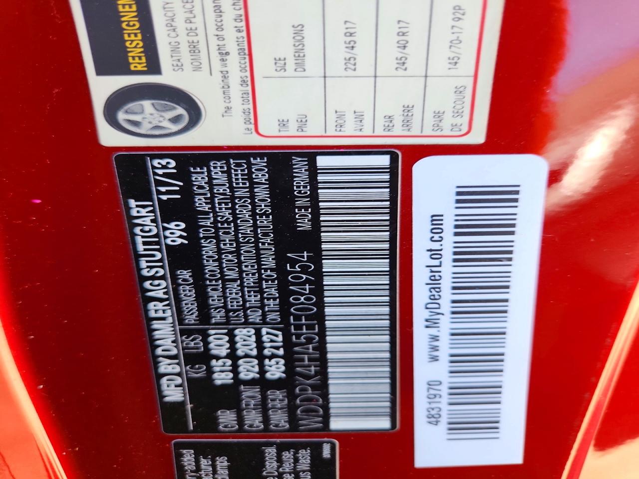 2014 Mercedes-benz Slk 250 Red vin: WDDPK4HA5EF084954