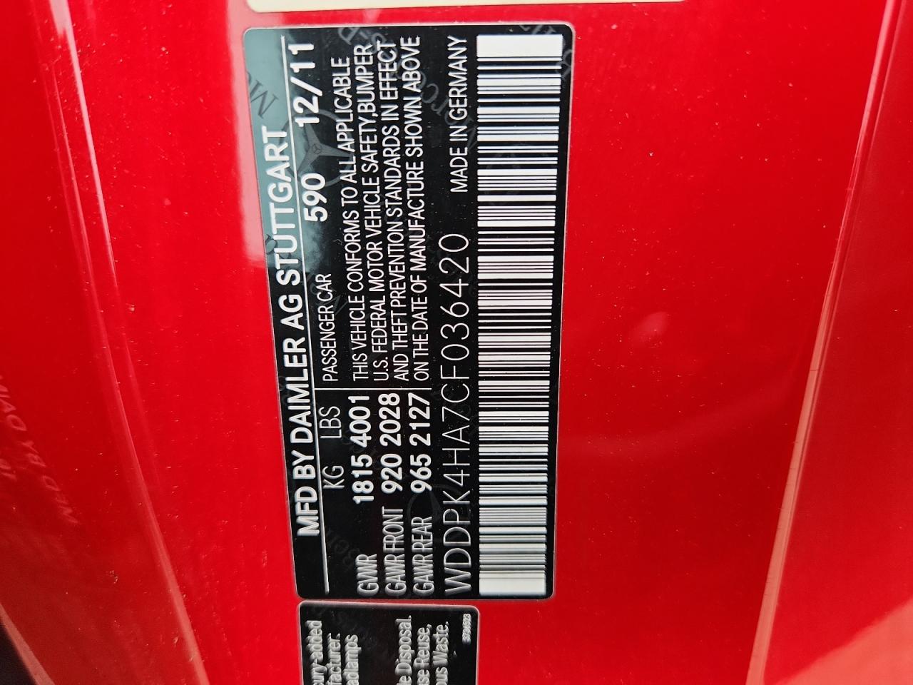 2012 Mercedes-benz Slk 250 Red vin: WDDPK4HA7CF036420