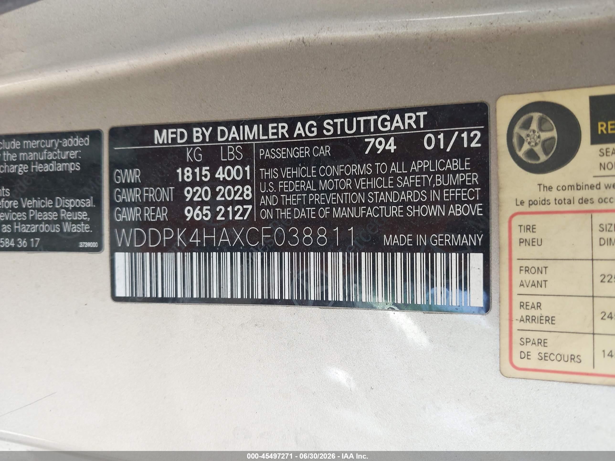 2012 Mercedes-benz Slk 250 Gold vin: WDDPK4HAXCF038811