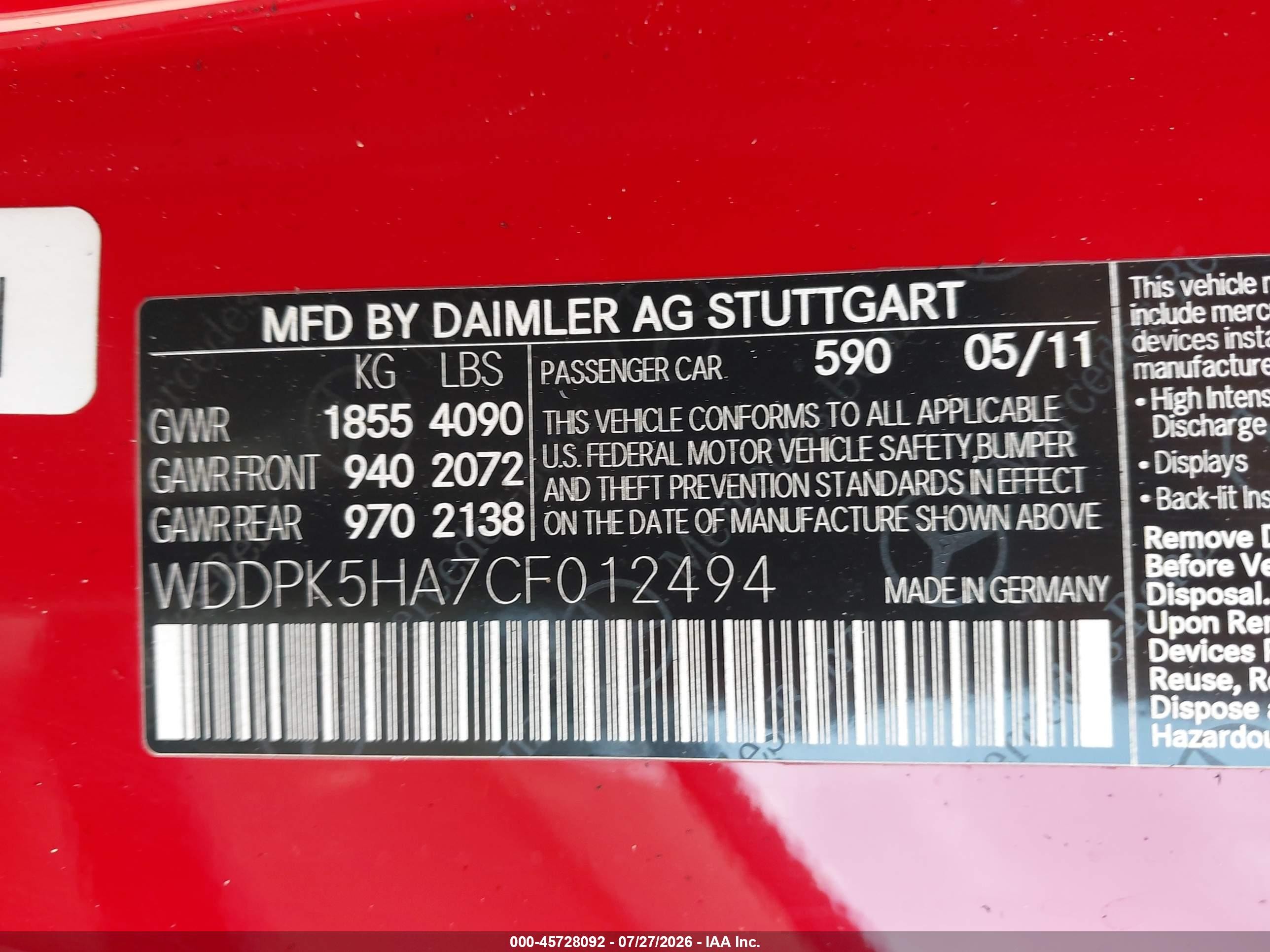 2012 Mercedes-benz Slk 350   Красный vin: WDDPK5HA7CF012494