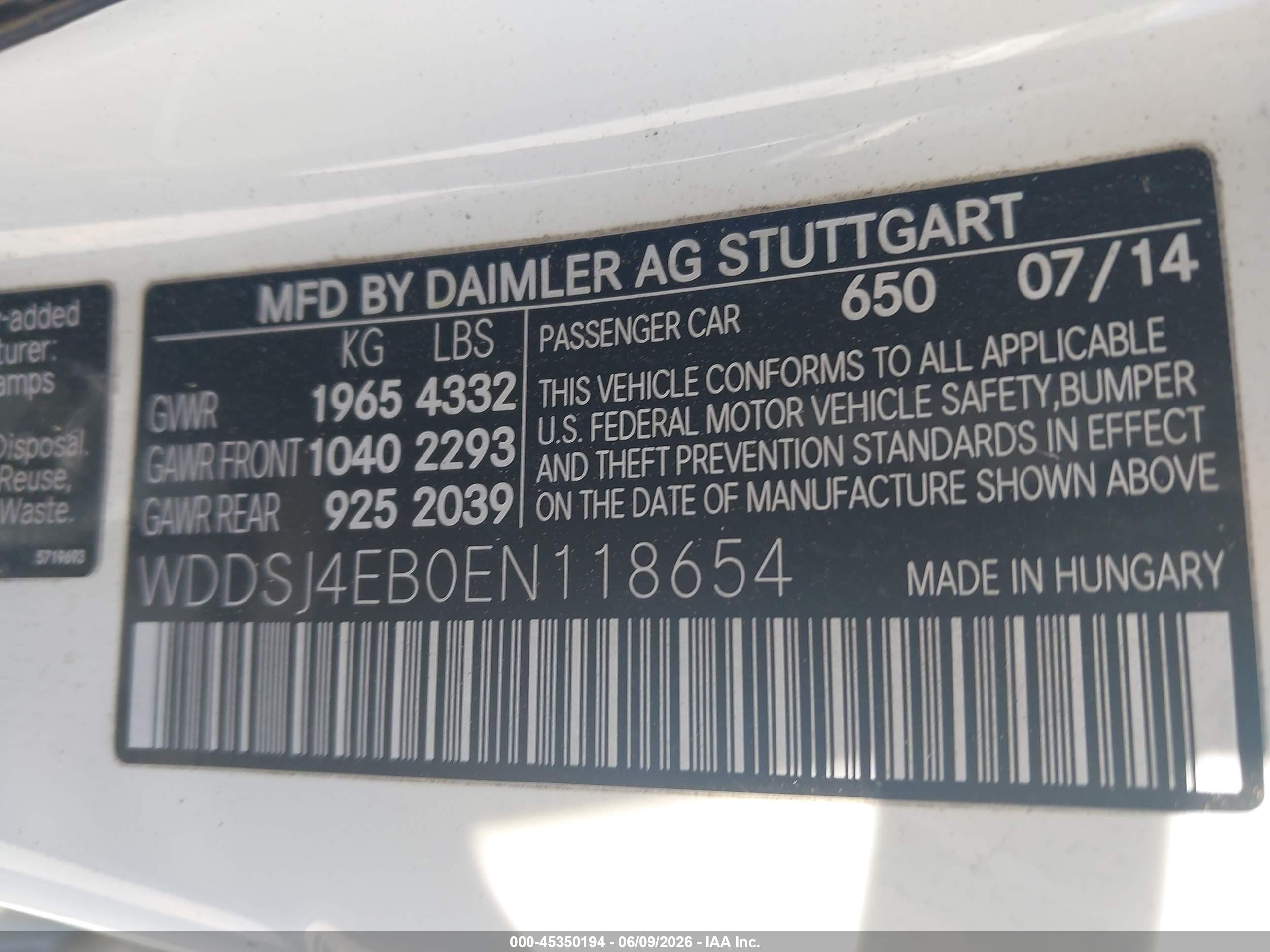 2014 Mercedes-benz Cla 250   Белый vin: WDDSJ4EB0EN118654