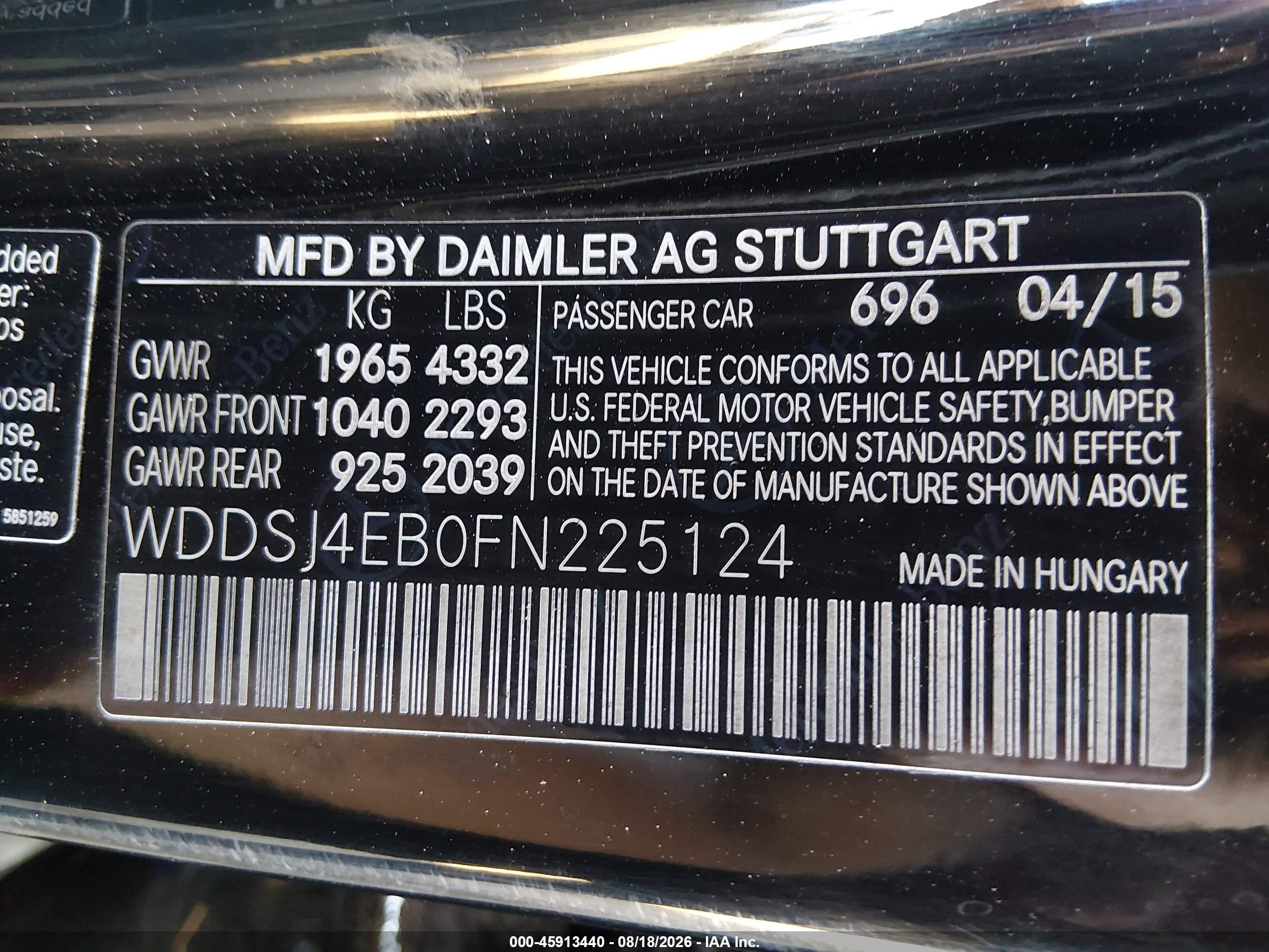2015 Mercedes-benz Cla 250   Black vin: WDDSJ4EB0FN225124