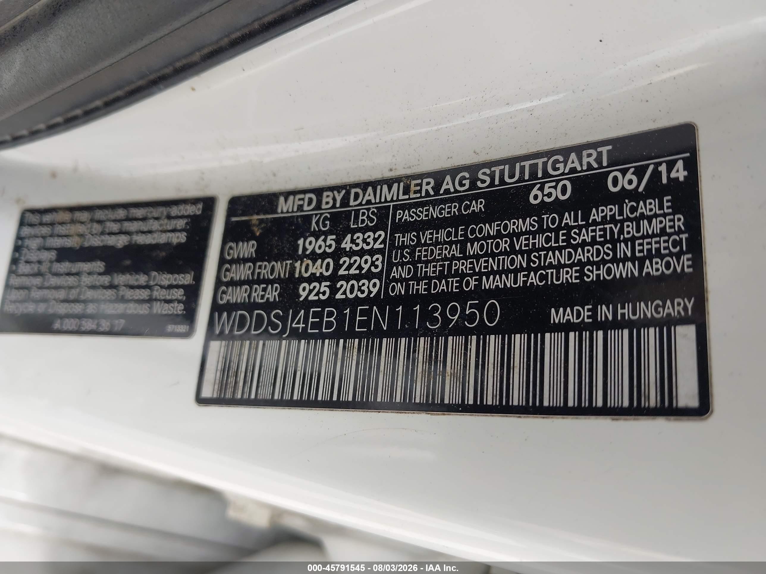 2014 Mercedes-benz Cla 250   White vin: WDDSJ4EB1EN113950
