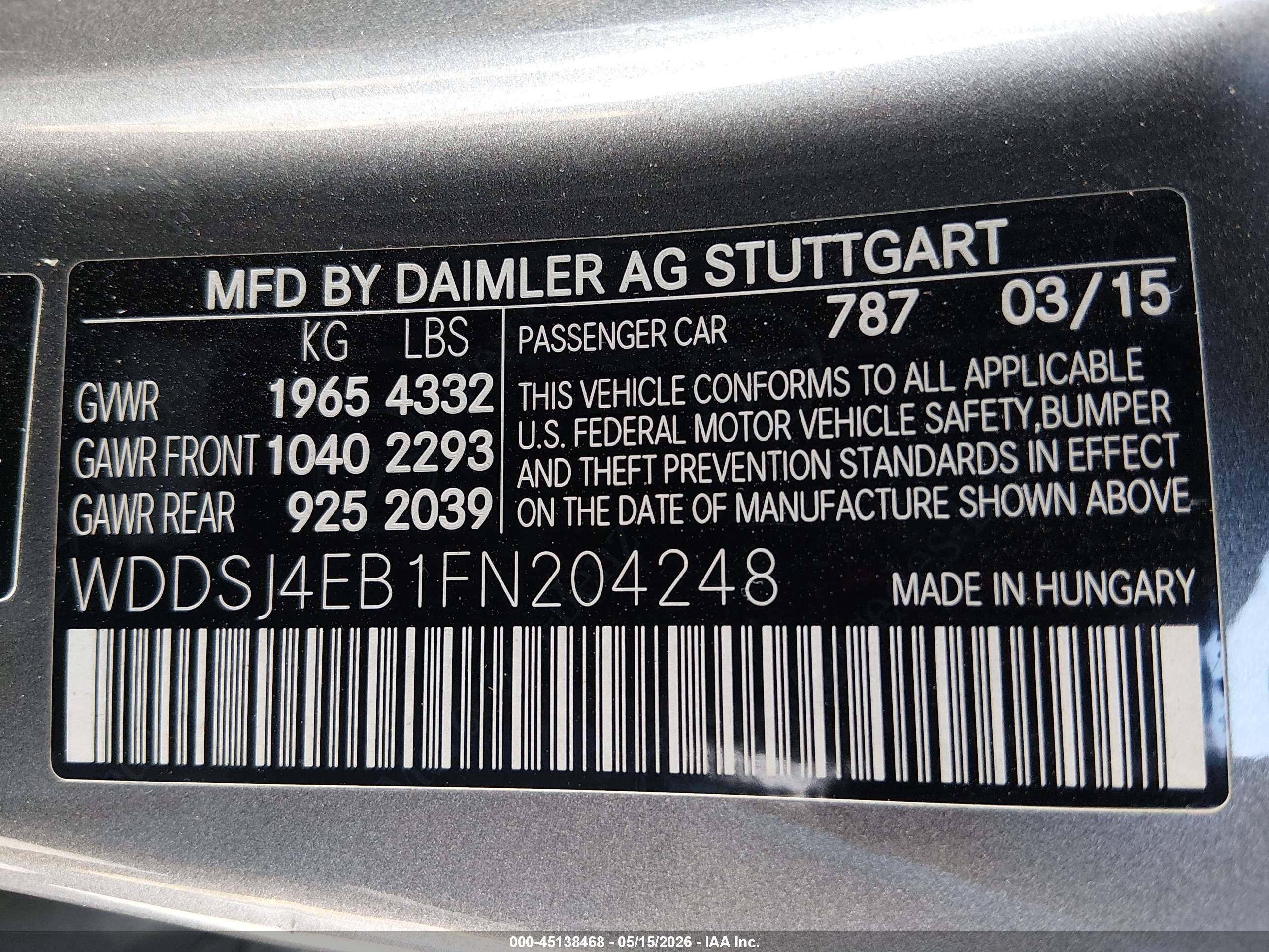 2015 Mercedes-benz Cla 250   Gray vin: WDDSJ4EB1FN204248