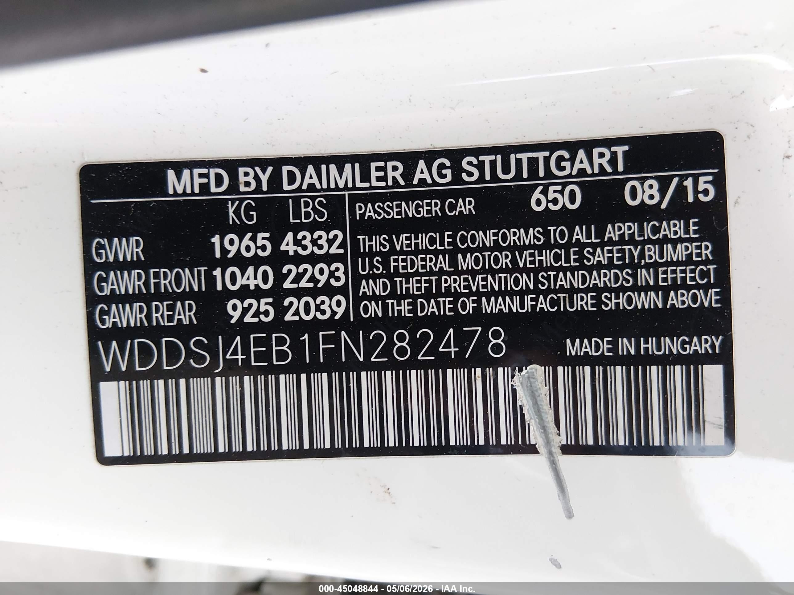 2015 Mercedes-benz Cla 250   White vin: WDDSJ4EB1FN282478