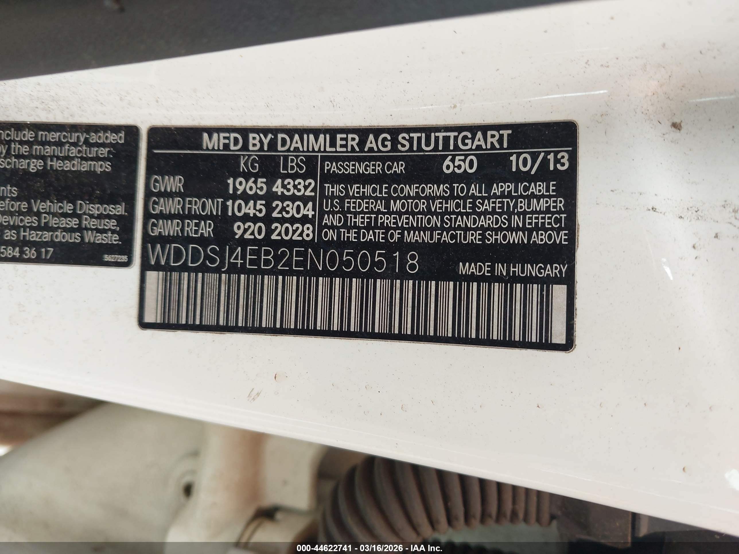 2014 Mercedes-benz Cla 250   White vin: WDDSJ4EB2EN050518