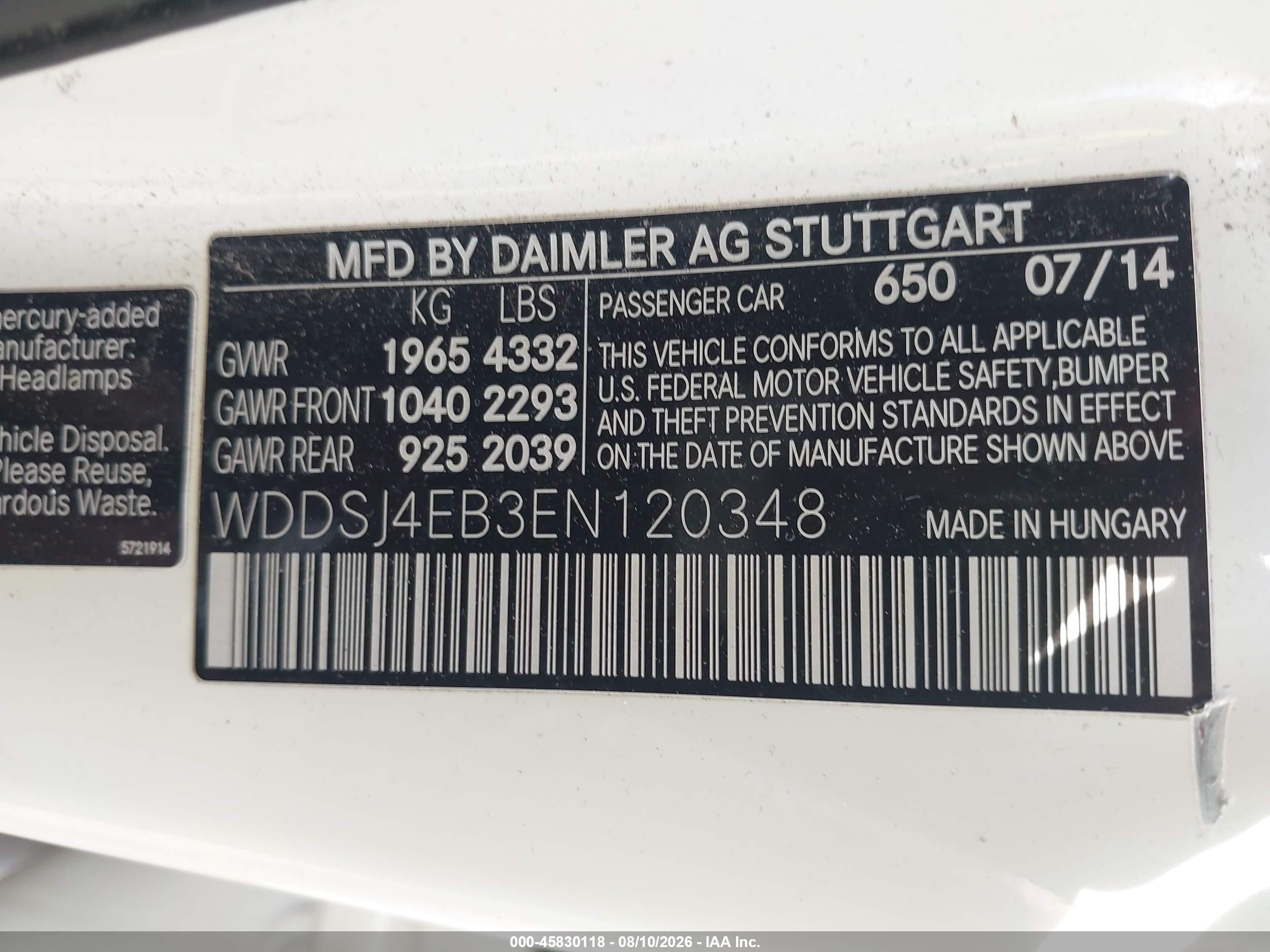 2014 Mercedes-benz Cla 250 Белый vin: WDDSJ4EB3EN120348