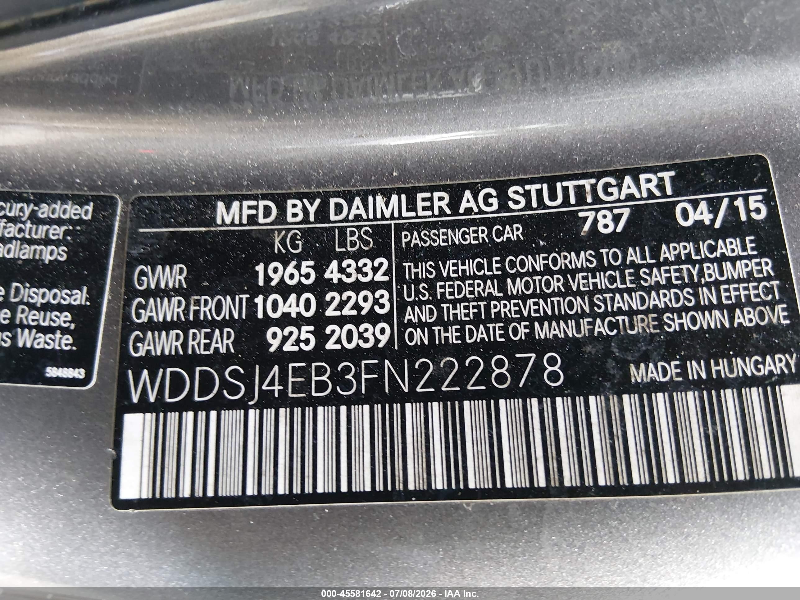 2015 Mercedes-benz Cla 250   Gray vin: WDDSJ4EB3FN222878