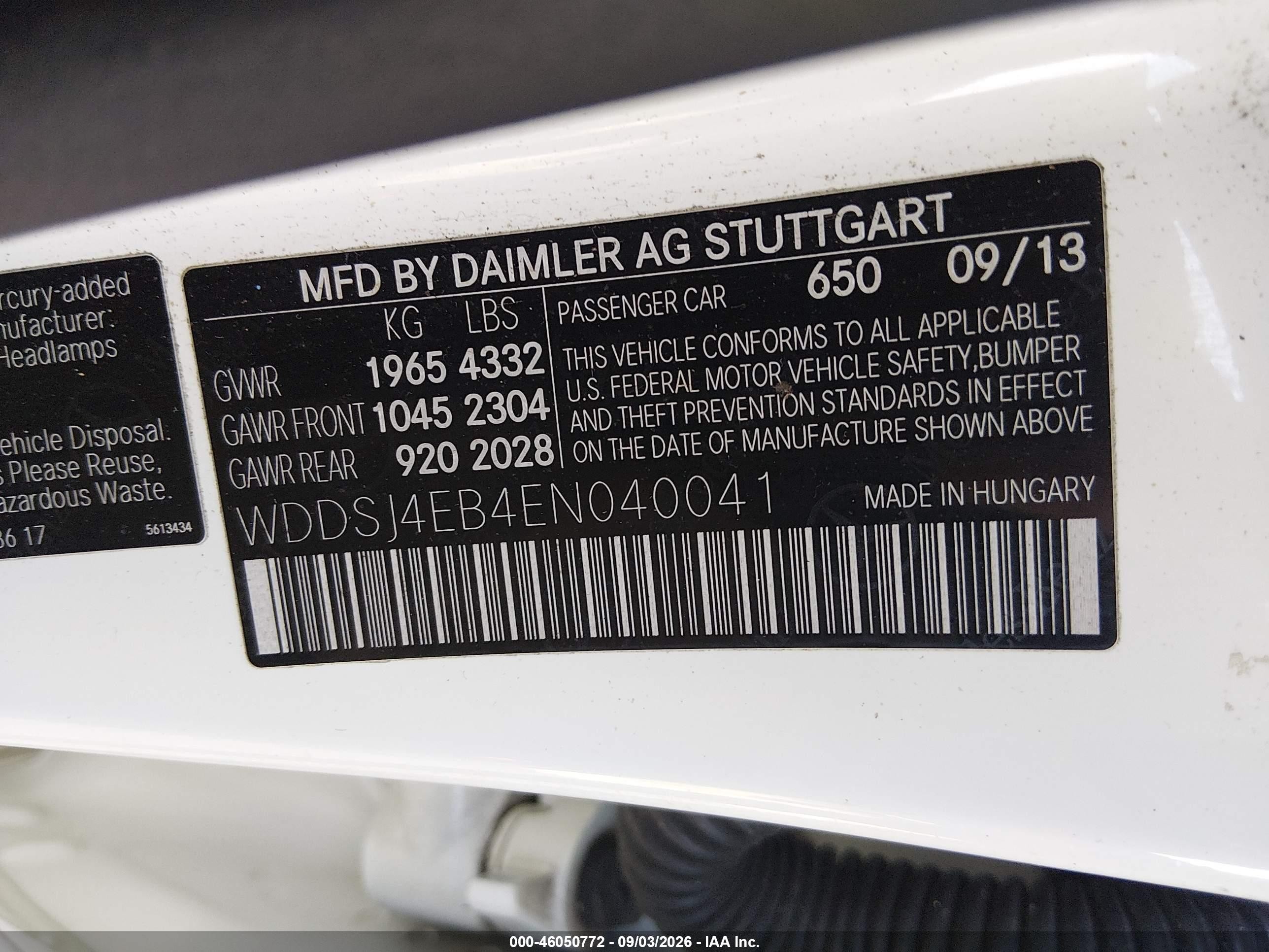 2014 Mercedes-benz Cla 250   White vin: WDDSJ4EB4EN040041