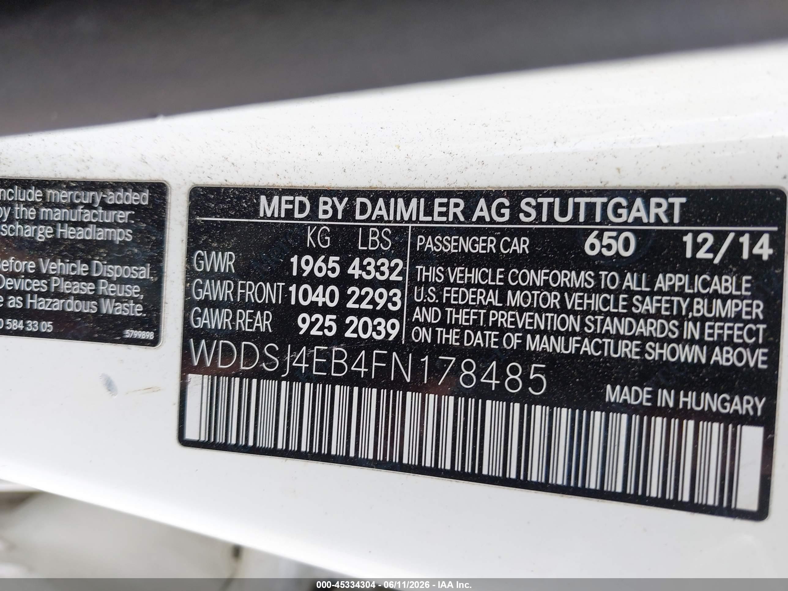2015 Mercedes-benz Cla 250   White vin: WDDSJ4EB4FN178485