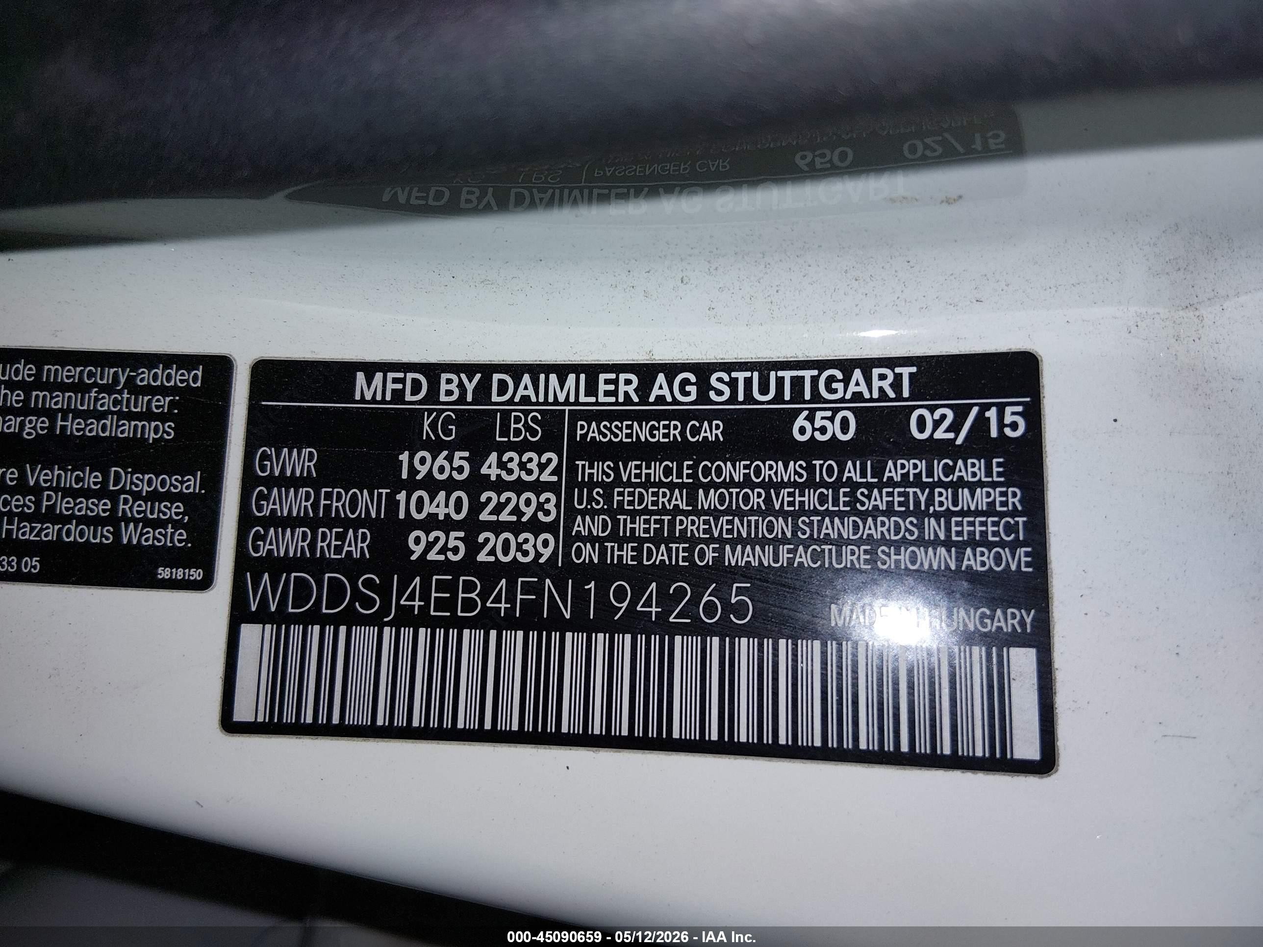 2015 Mercedes-benz Cla 250   White vin: WDDSJ4EB4FN194265