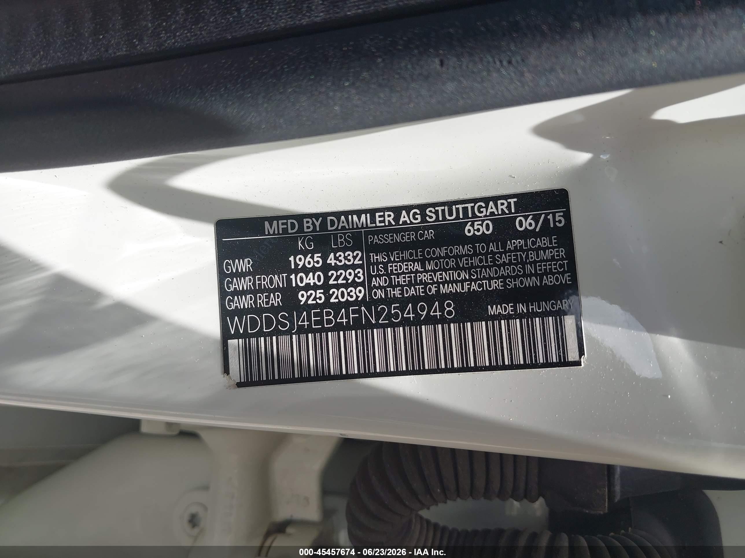 2015 Mercedes-benz Cla 250   White vin: WDDSJ4EB4FN254948