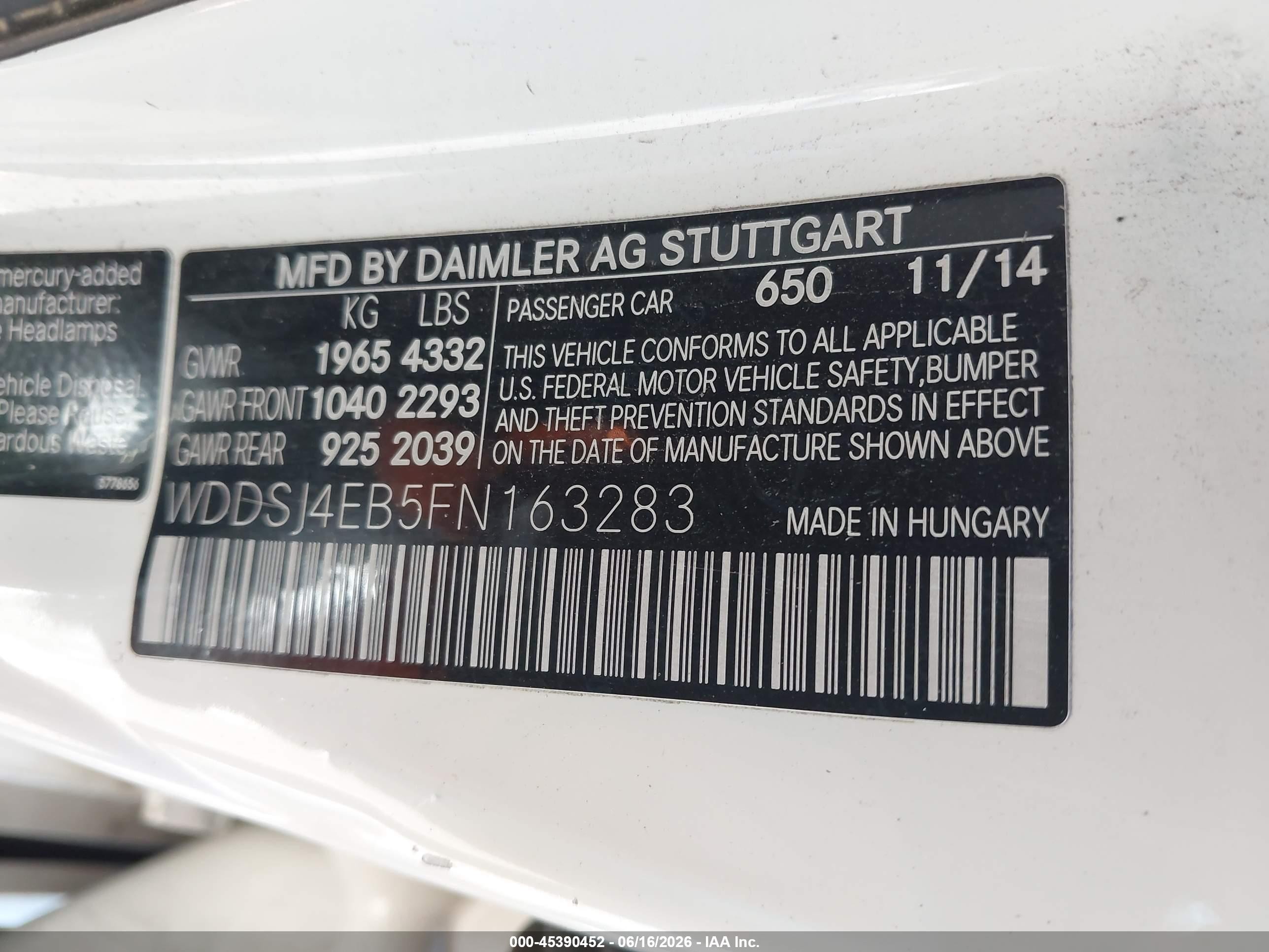 2015 Mercedes-benz Cla 250 White vin: WDDSJ4EB5FN163283