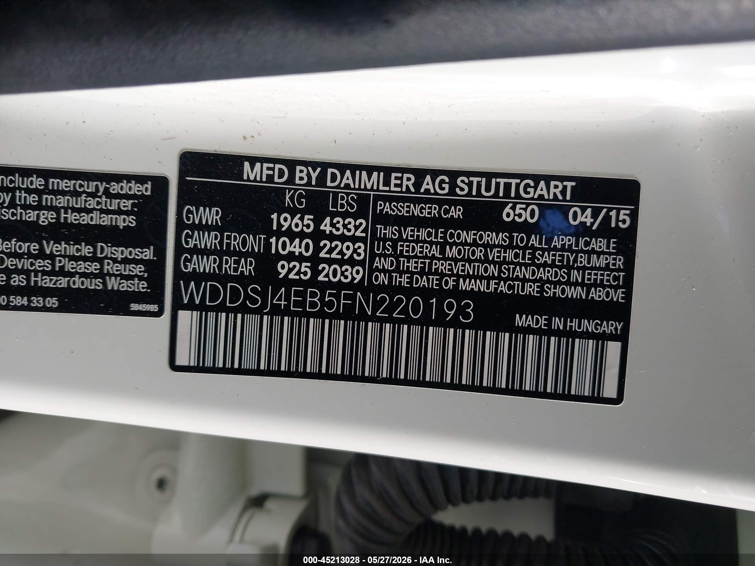 2015 Mercedes-benz Cla 250   White vin: WDDSJ4EB5FN220193