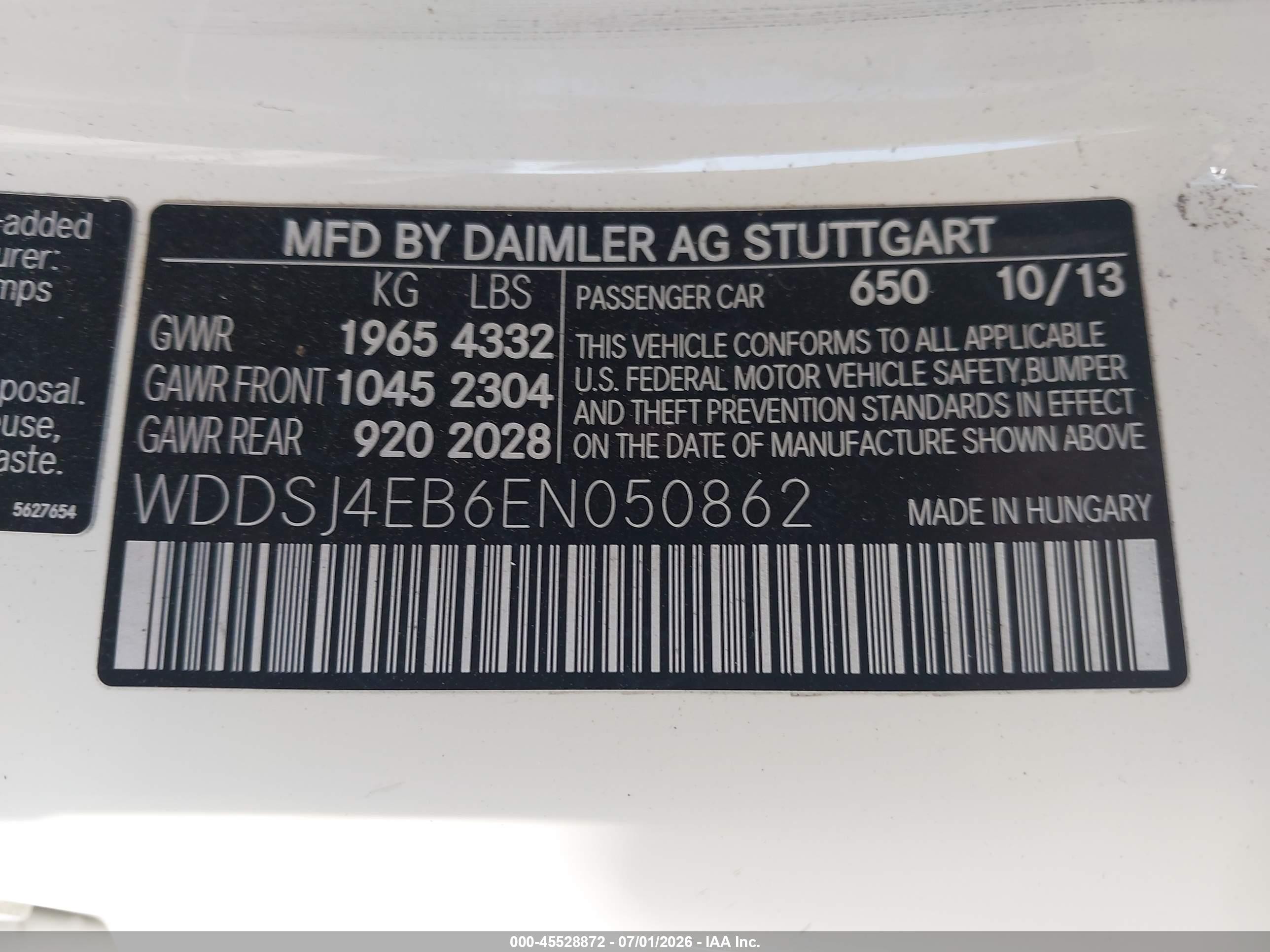 2014 Mercedes-benz Cla 250   White vin: WDDSJ4EB6EN050862