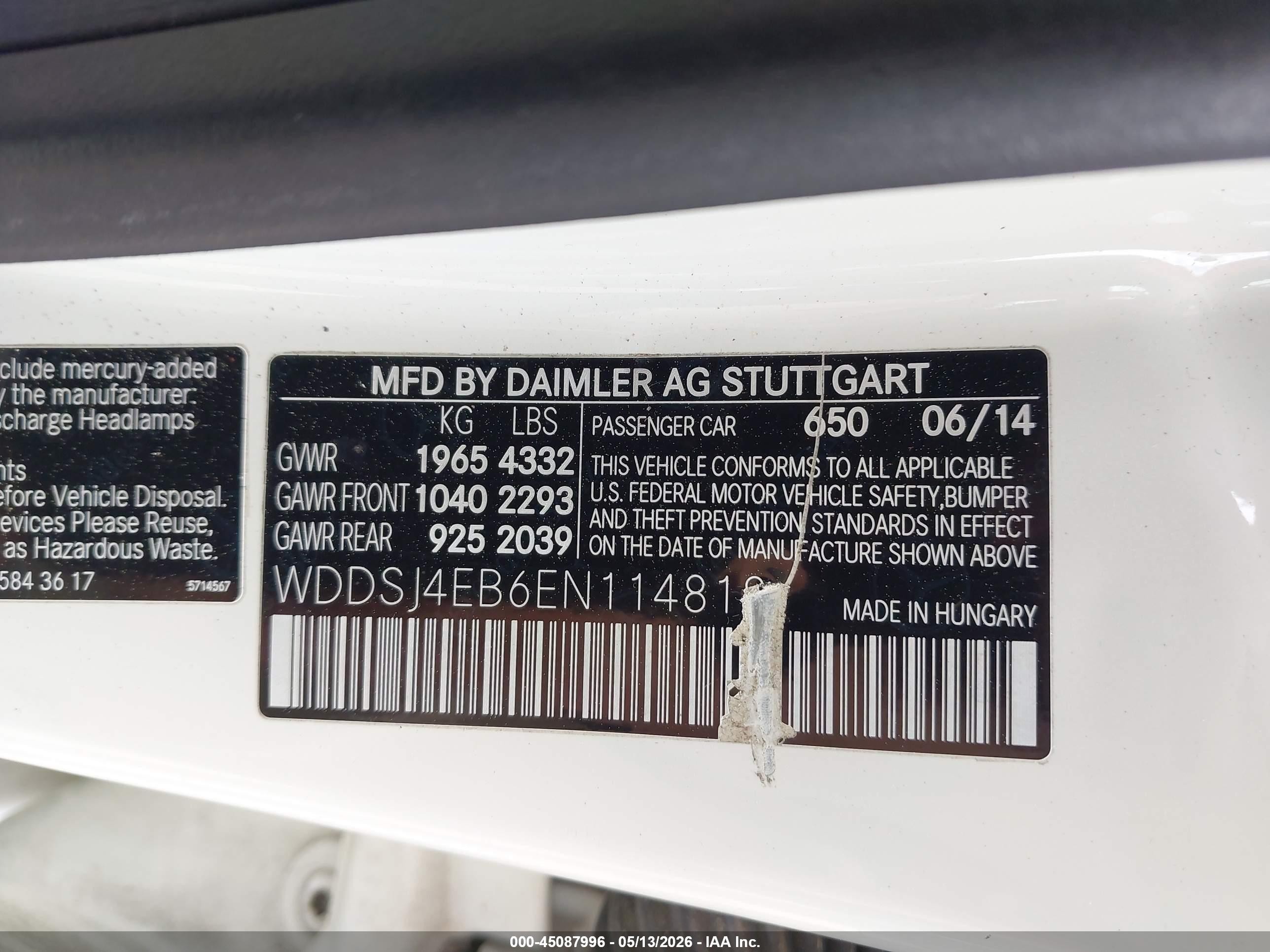 2014 Mercedes-benz Cla 250   White vin: WDDSJ4EB6EN114818